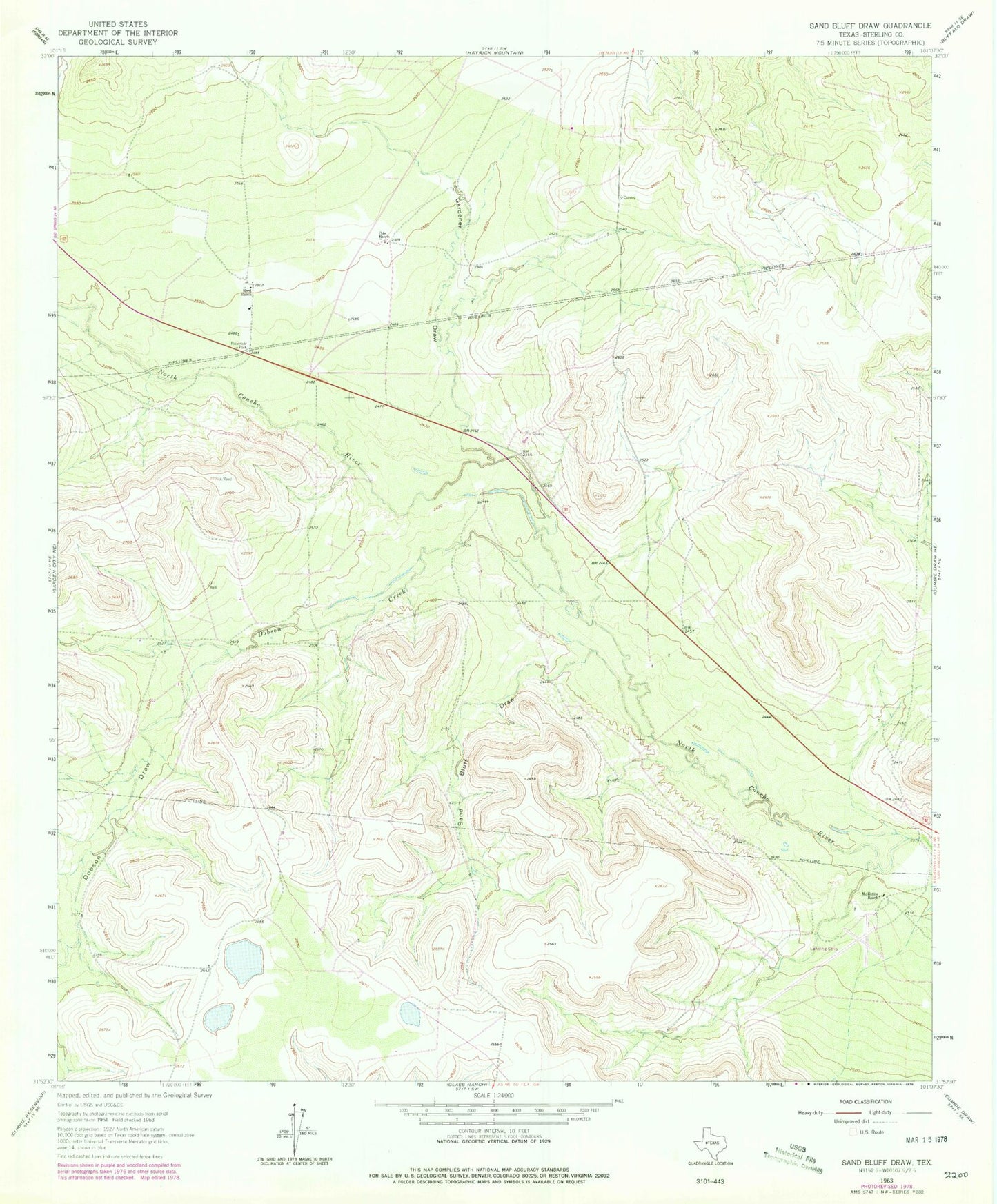 Classic USGS Sand Bluff Draw Texas 7.5'x7.5' Topo Map Image