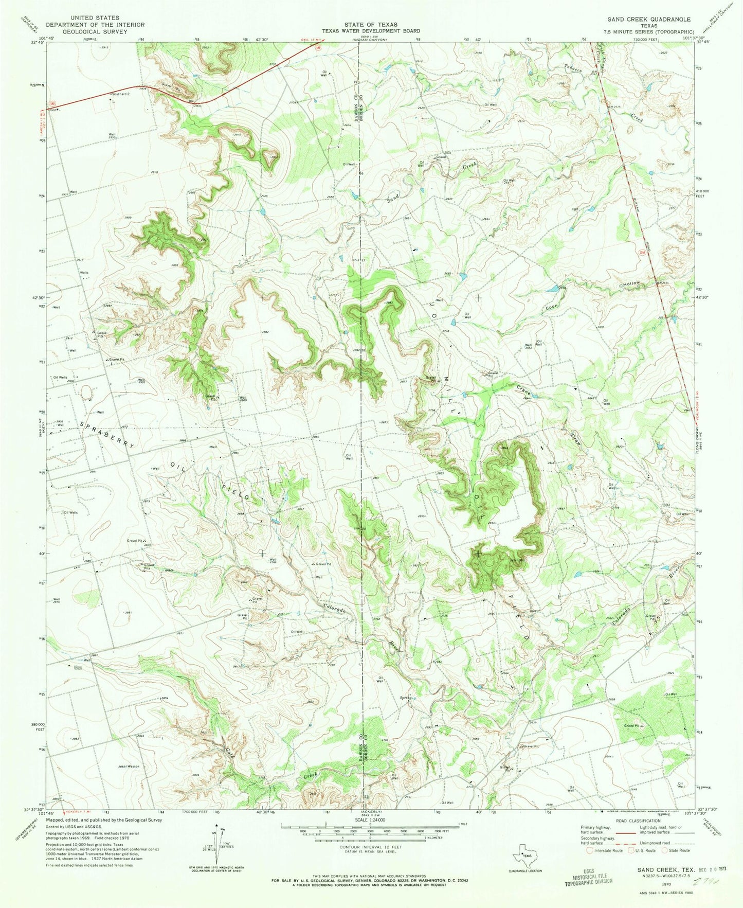 Classic USGS Sand Creek Texas 7.5'x7.5' Topo Map Image