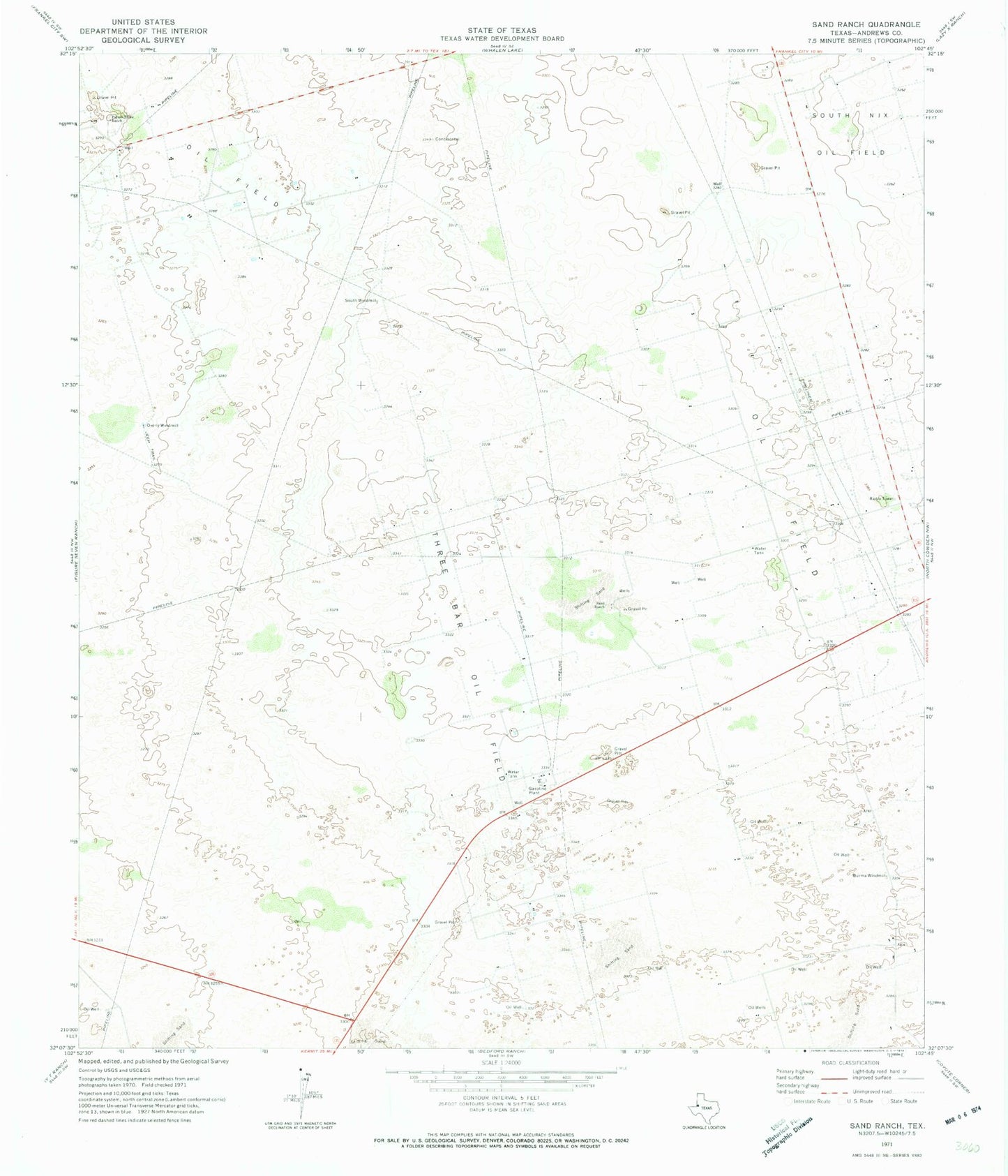 Classic USGS Sand Ranch Texas 7.5'x7.5' Topo Map Image