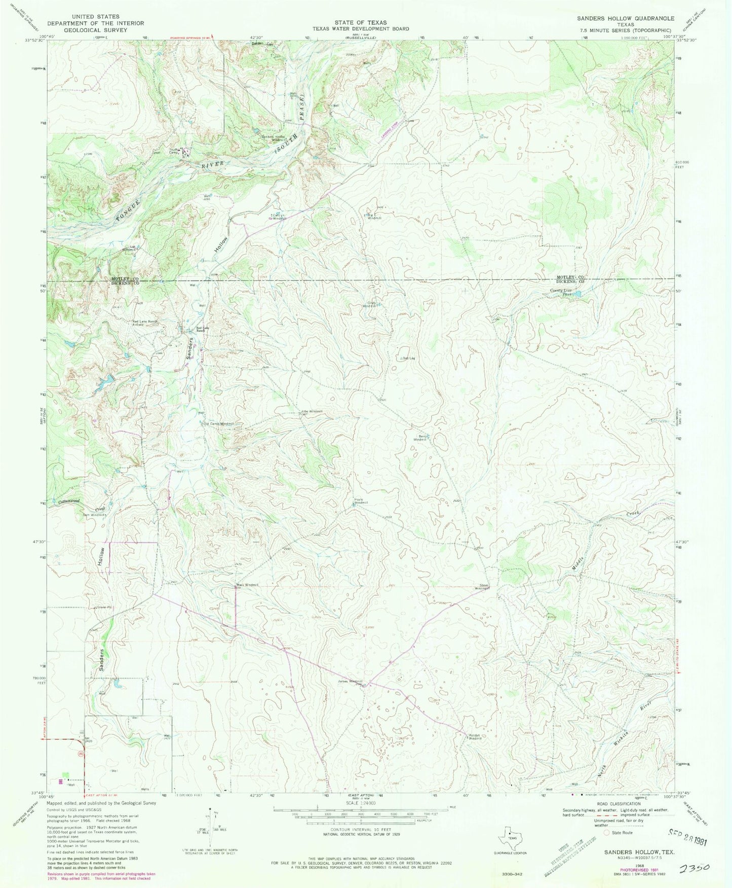 Classic USGS Sanders Hollow Texas 7.5'x7.5' Topo Map Image
