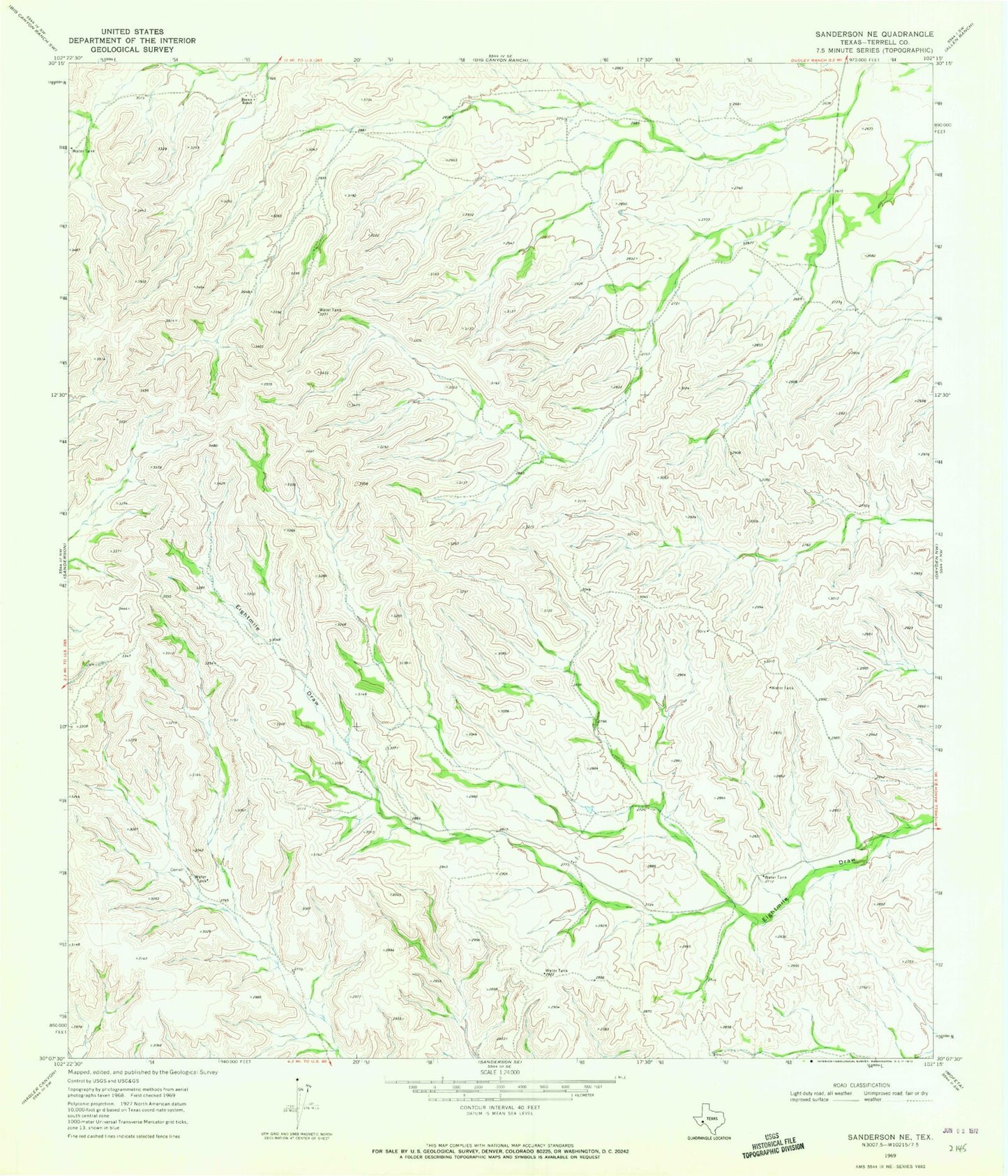 Classic USGS Sanderson NE Texas 7.5'x7.5' Topo Map Image