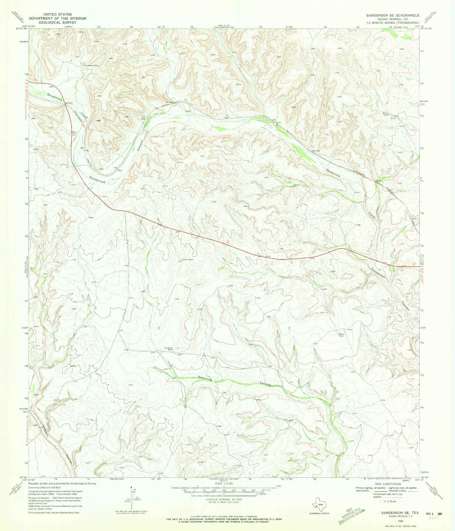 Classic USGS Sanderson SE Texas 7.5'x7.5' Topo Map Image