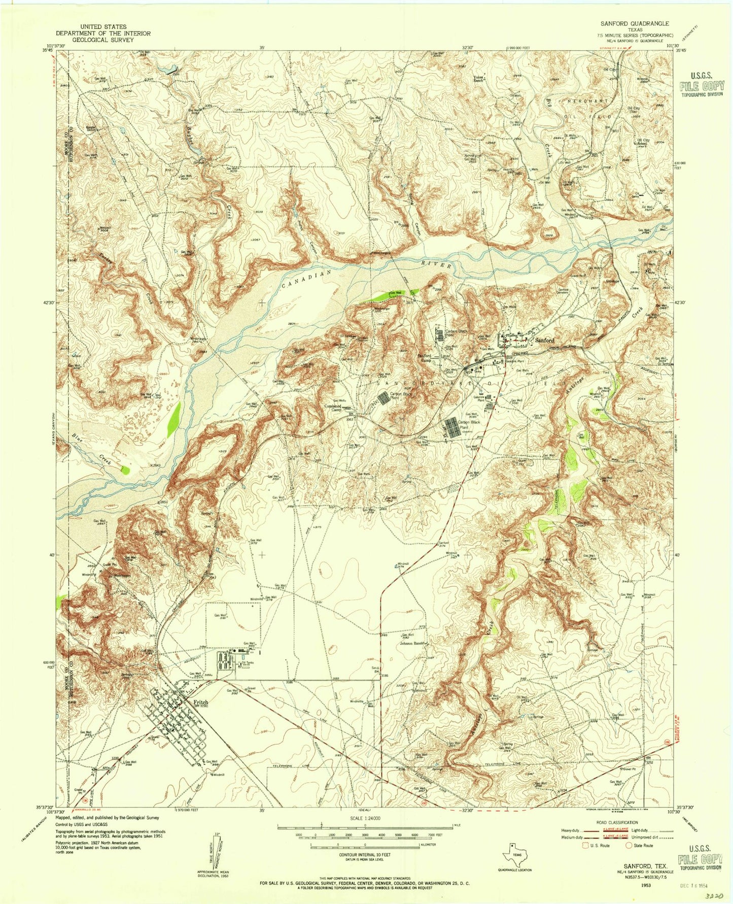 Classic USGS Sanford Texas 7.5'x7.5' Topo Map Image
