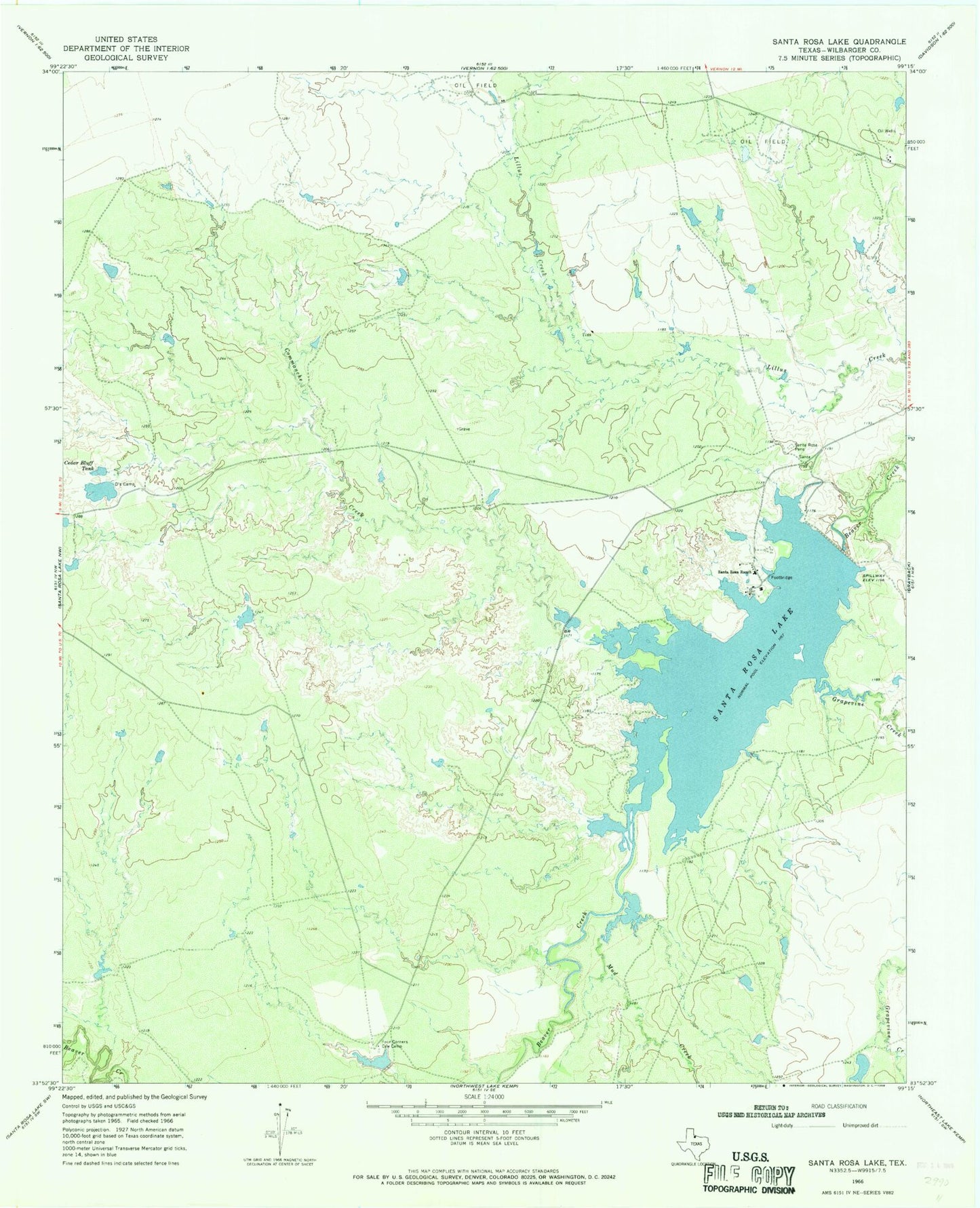 Classic USGS Santa Rosa Lake Texas 7.5'x7.5' Topo Map Image