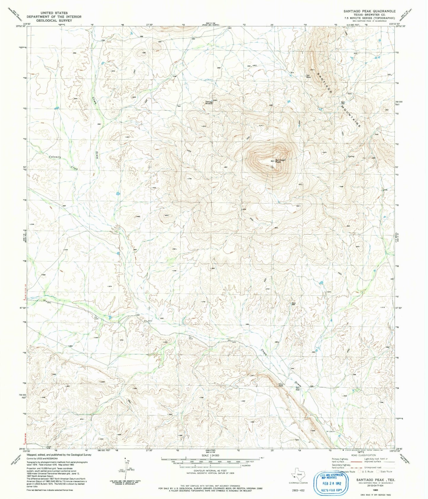 Classic USGS Santiago Peak Texas 7.5'x7.5' Topo Map Image