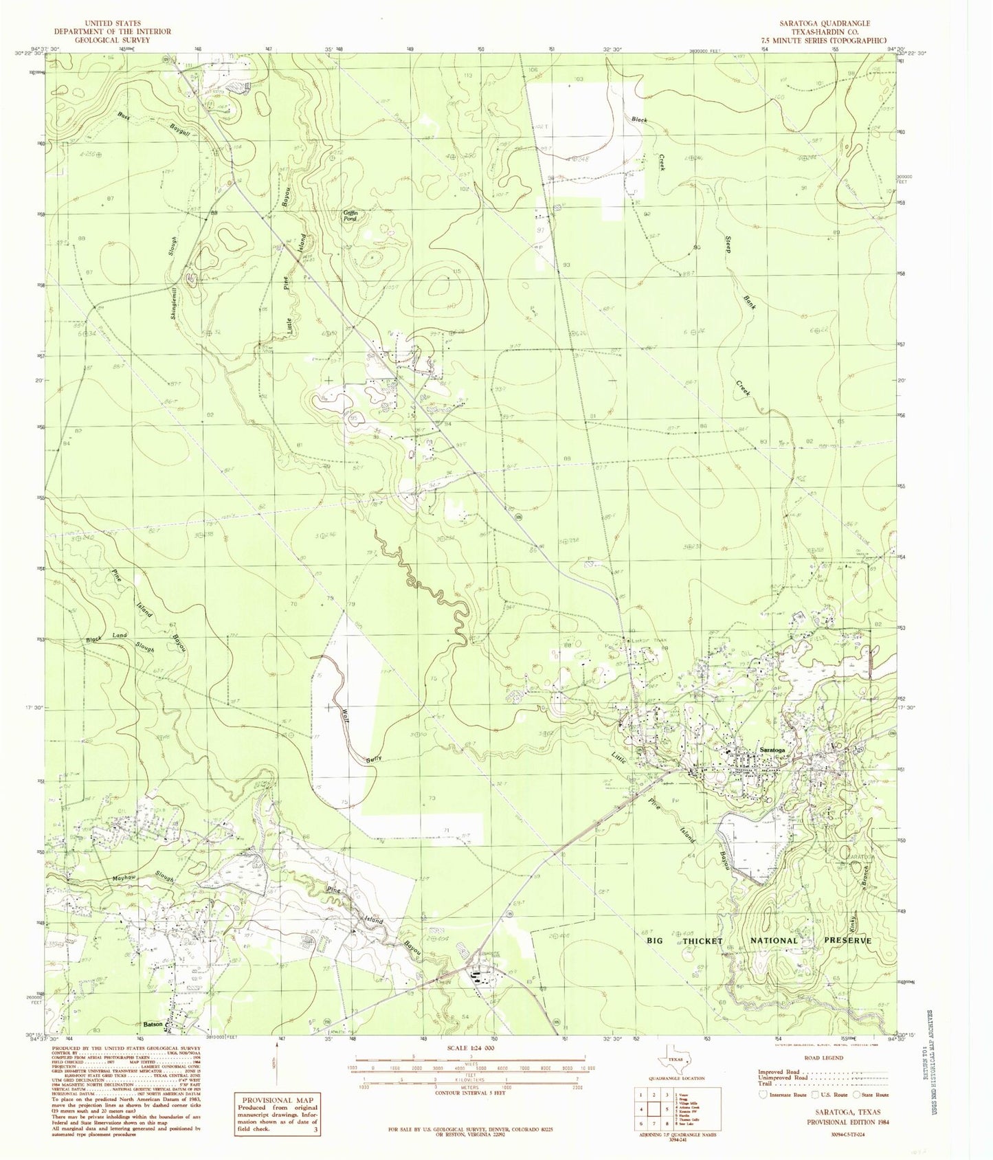 Classic USGS Saratoga Texas 7.5'x7.5' Topo Map Image