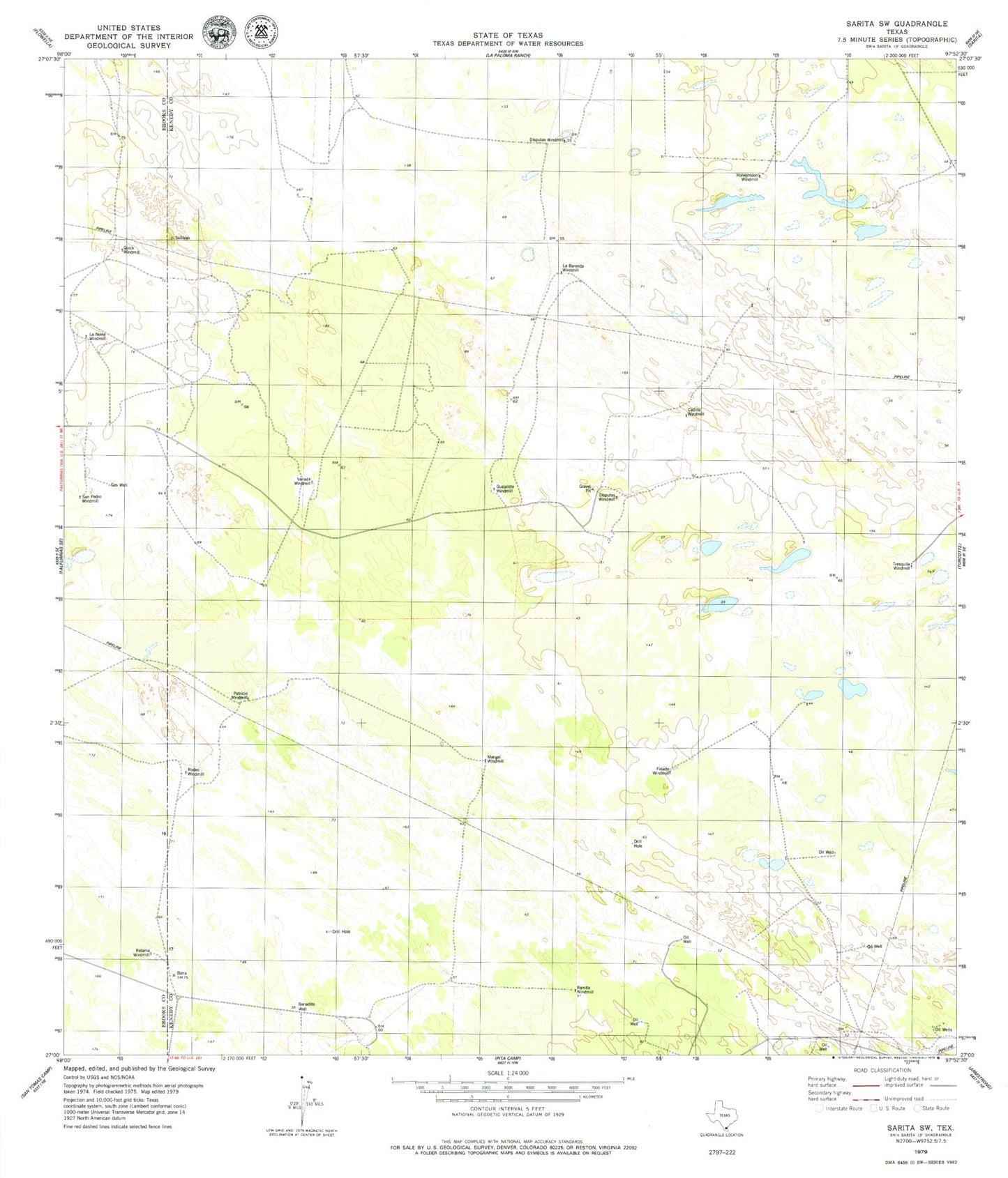 Classic USGS Sarita SW Texas 7.5'x7.5' Topo Map Image