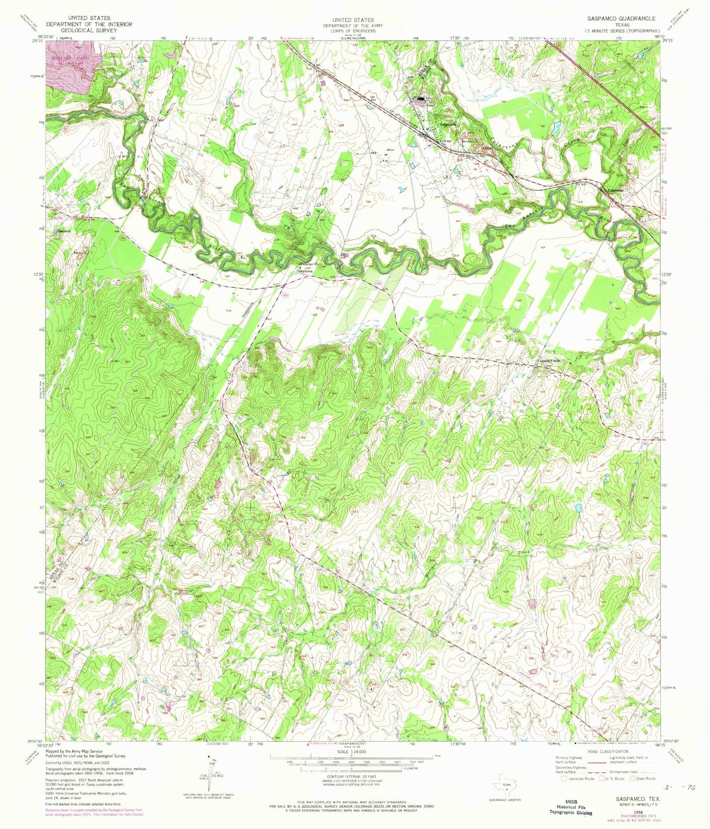 Classic USGS Saspamco Texas 7.5'x7.5' Topo Map Image