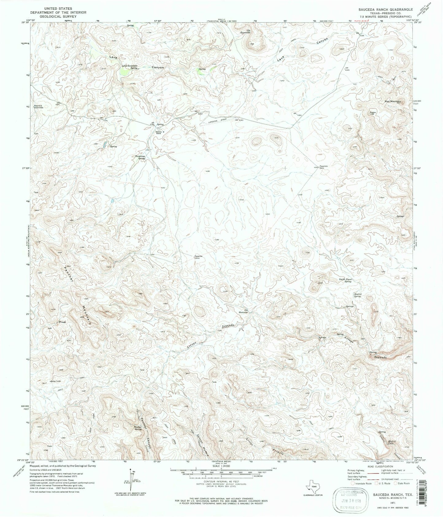 Classic USGS Sauceda Ranch Texas 7.5'x7.5' Topo Map Image