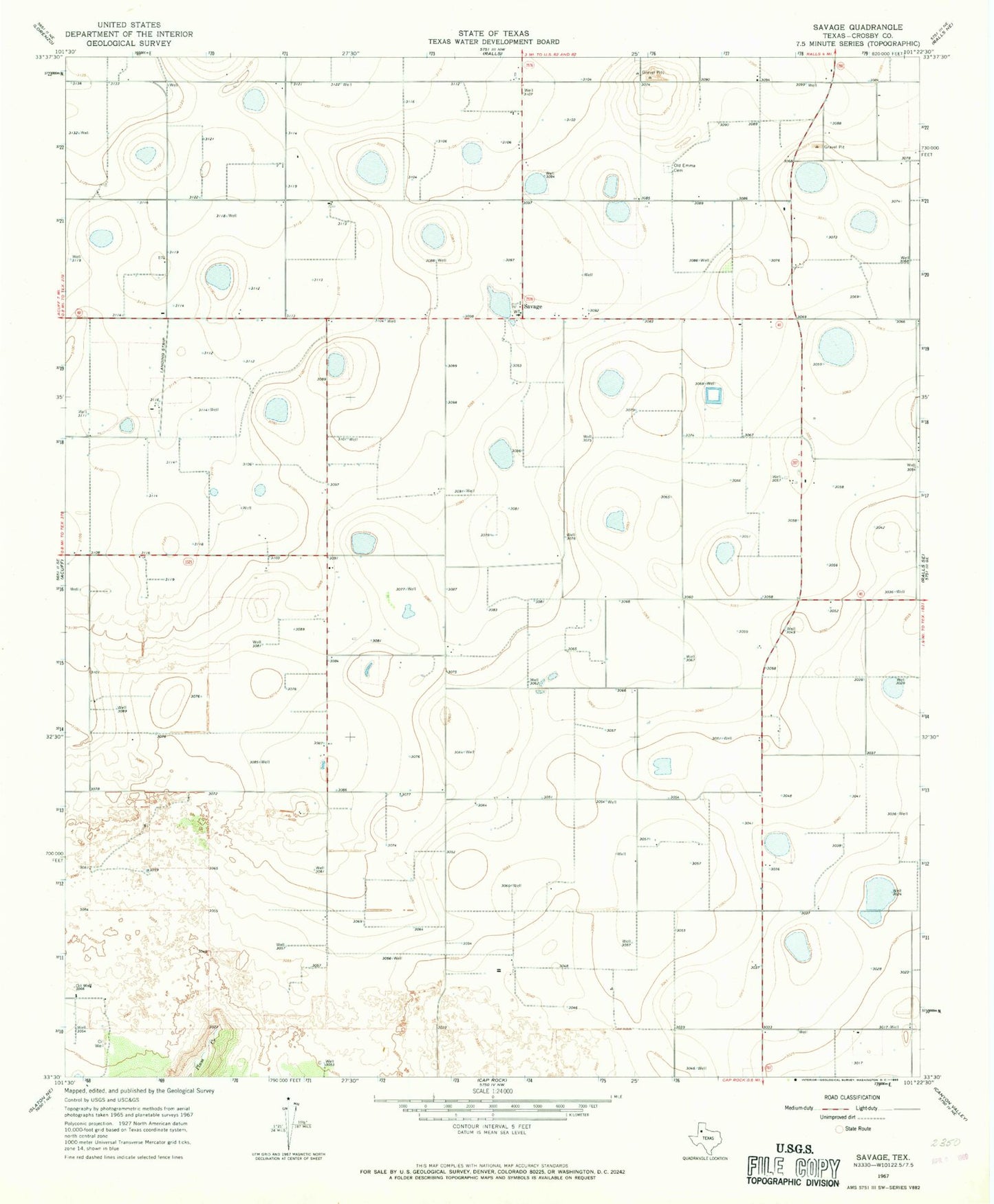 Classic USGS Savage Texas 7.5'x7.5' Topo Map Image