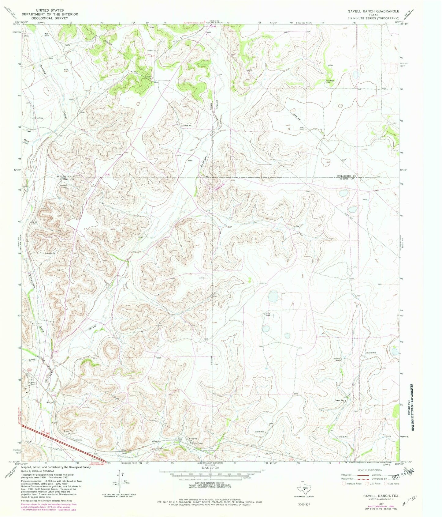 Classic USGS Savell Ranch Texas 7.5'x7.5' Topo Map Image