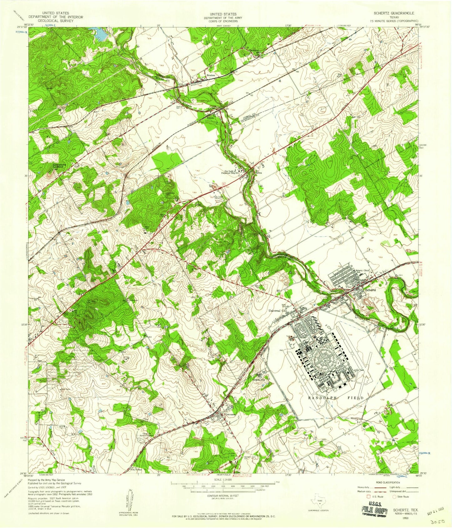 Classic USGS Schertz Texas 7.5'x7.5' Topo Map Image