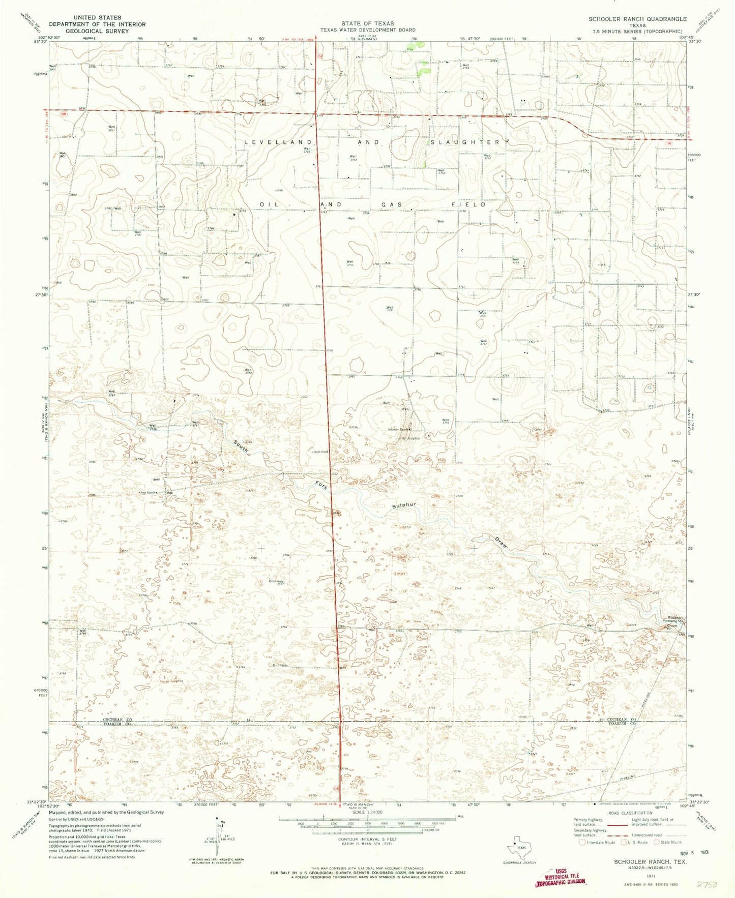 Classic USGS Schooler Ranch Texas 7.5'x7.5' Topo Map Image