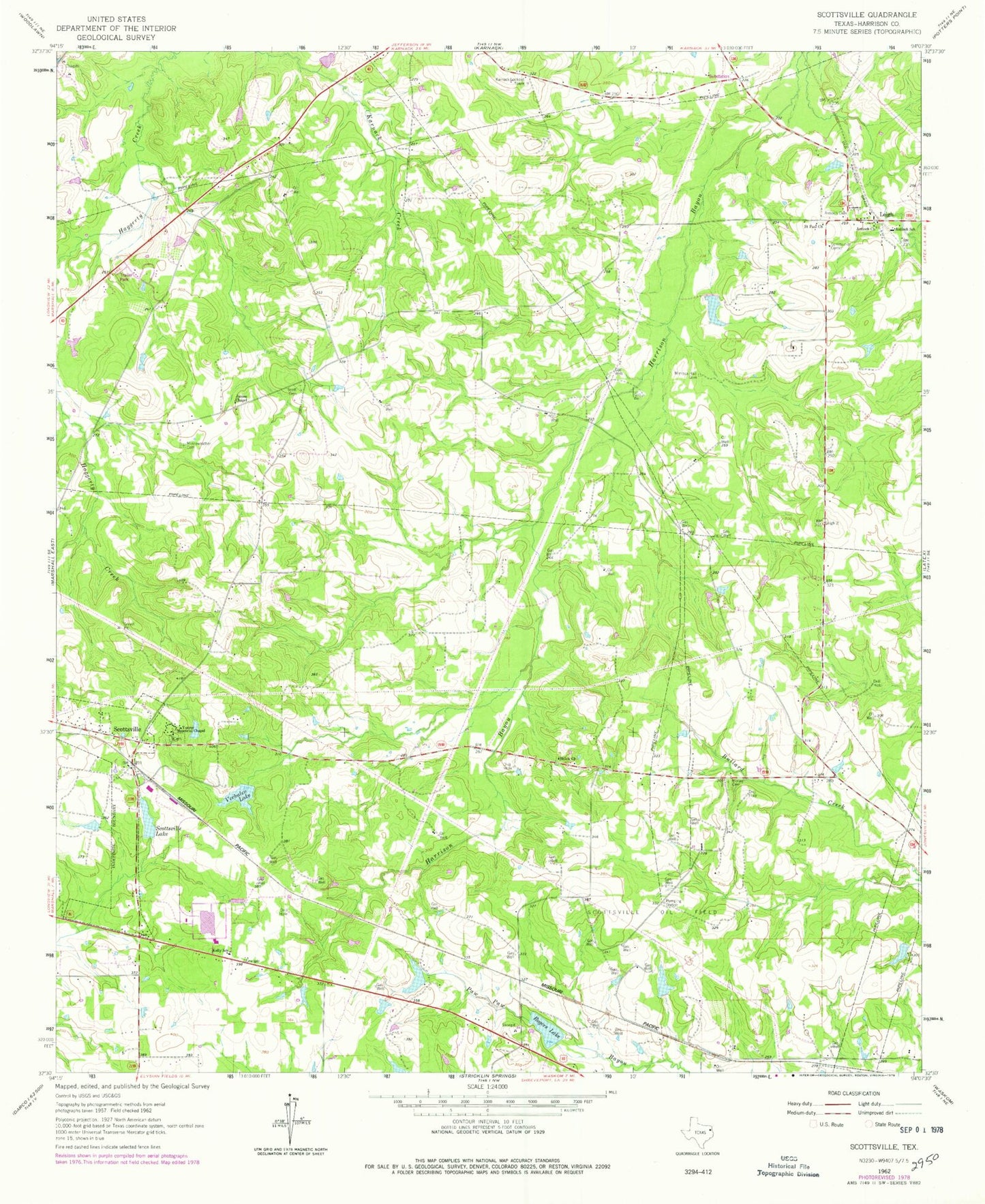 Classic USGS Scottsville Texas 7.5'x7.5' Topo Map Image