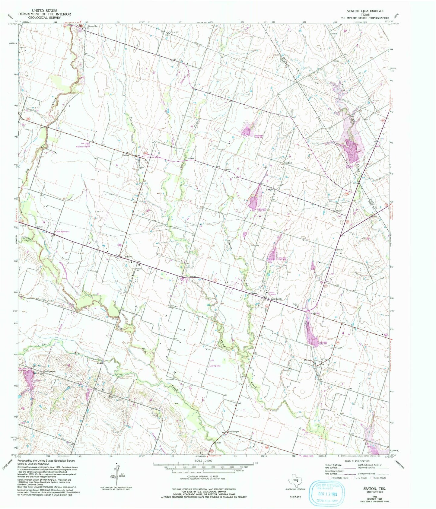 Classic USGS Seaton Texas 7.5'x7.5' Topo Map Image