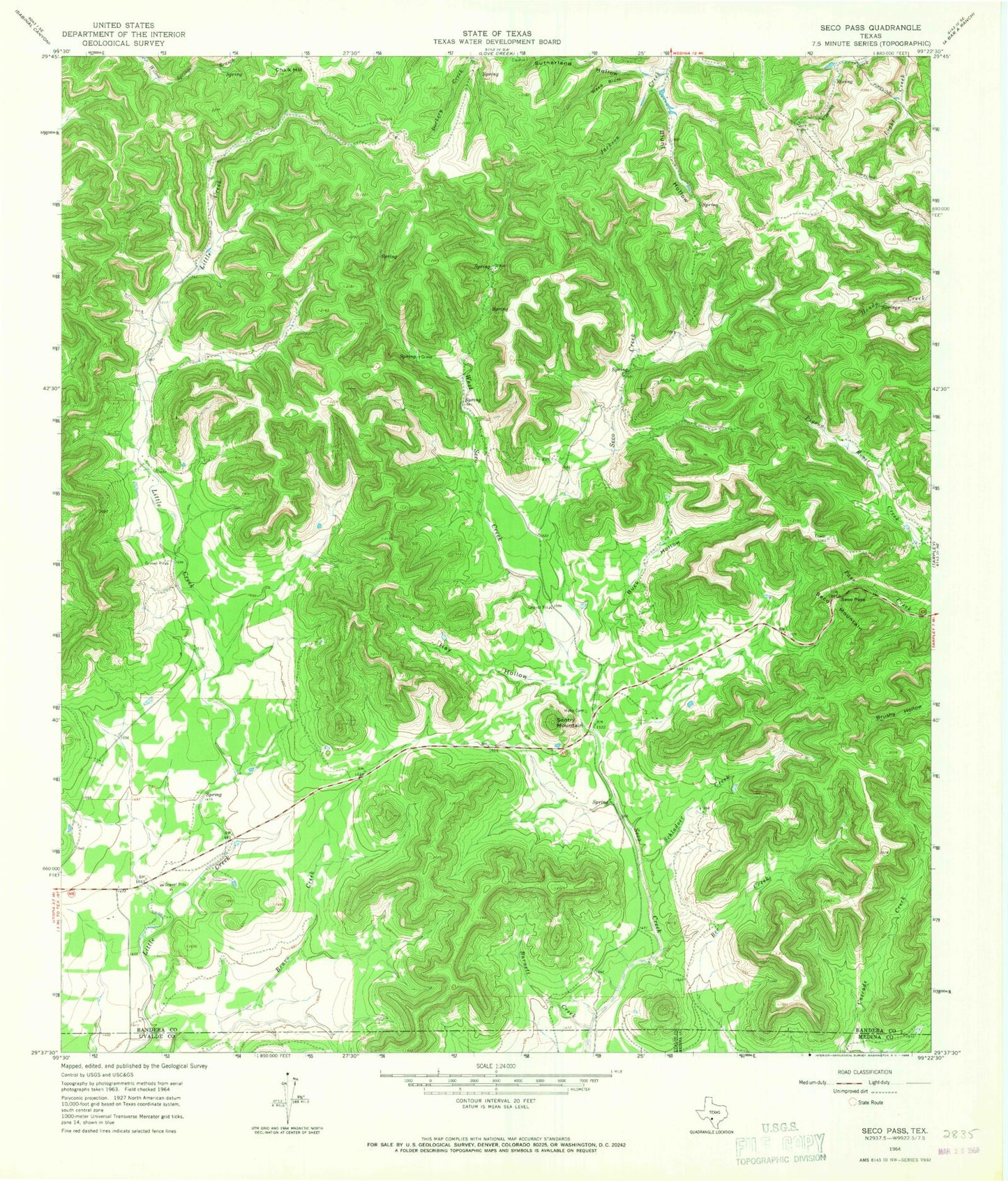 Classic USGS Seco Pass Texas 7.5'x7.5' Topo Map Image