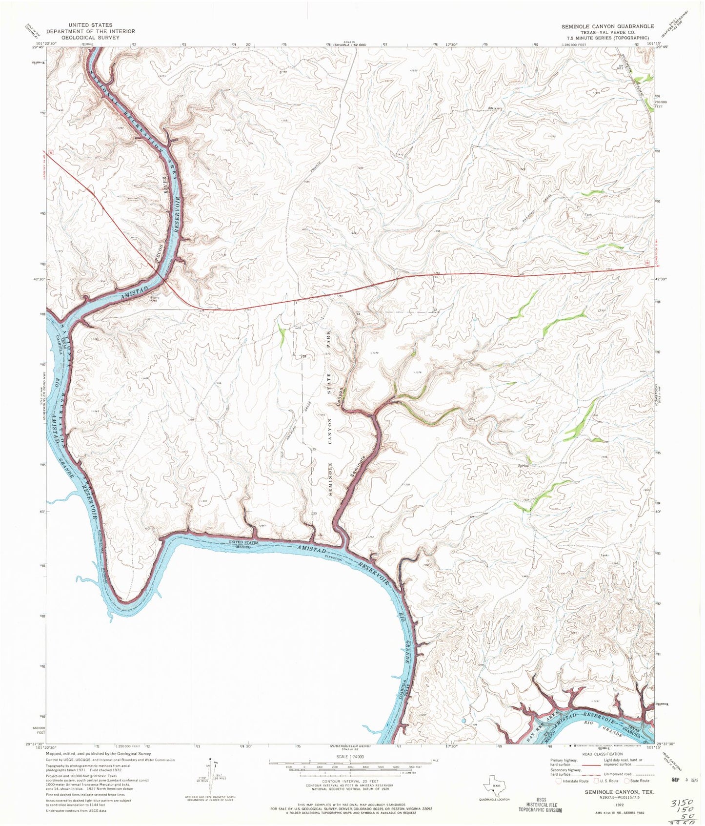 Classic USGS Seminole Canyon Texas 7.5'x7.5' Topo Map Image