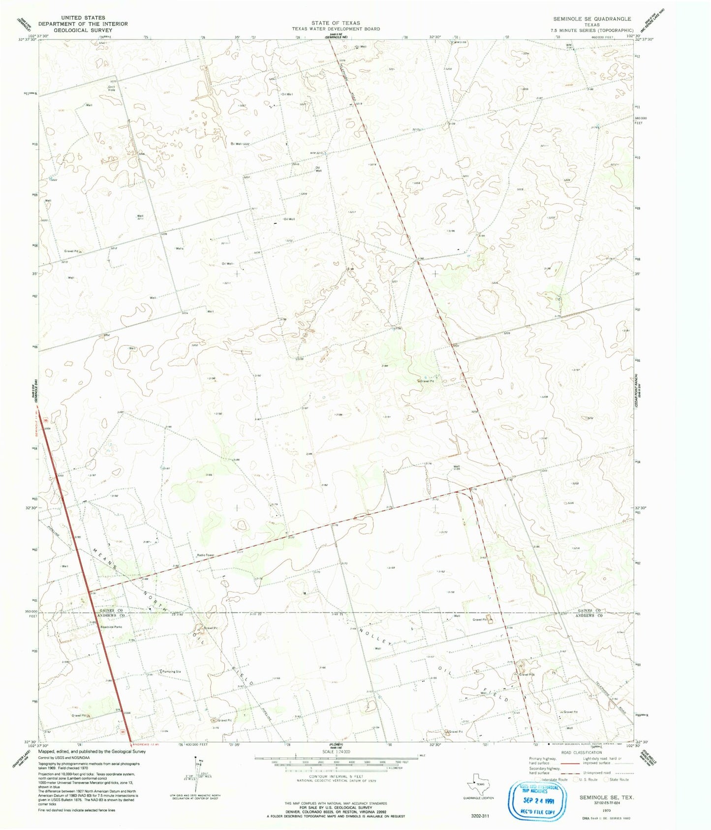 Classic USGS Seminole SE Texas 7.5'x7.5' Topo Map Image