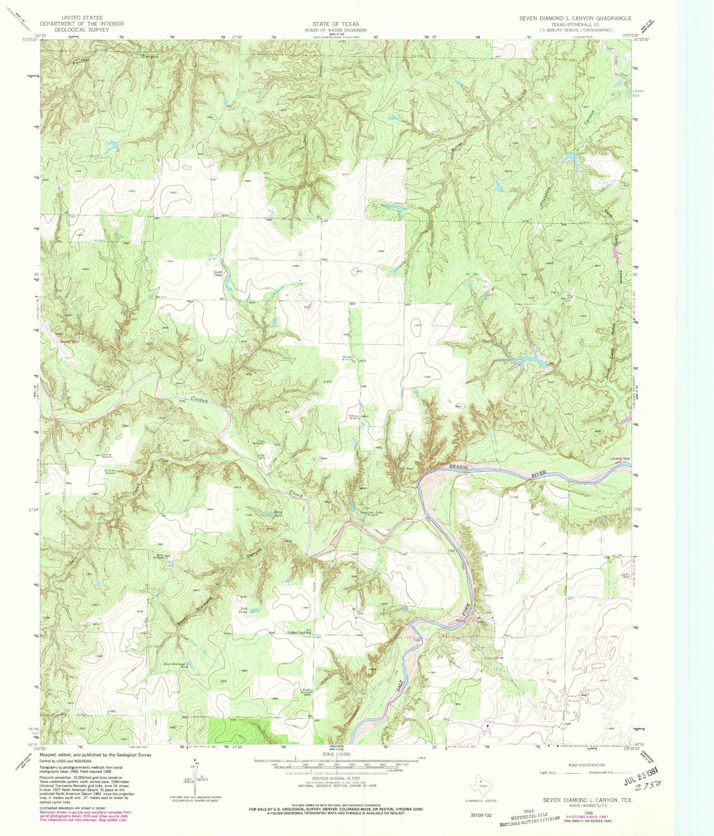 Classic USGS Seven Diamond L Canyon Texas 7.5'x7.5' Topo Map Image