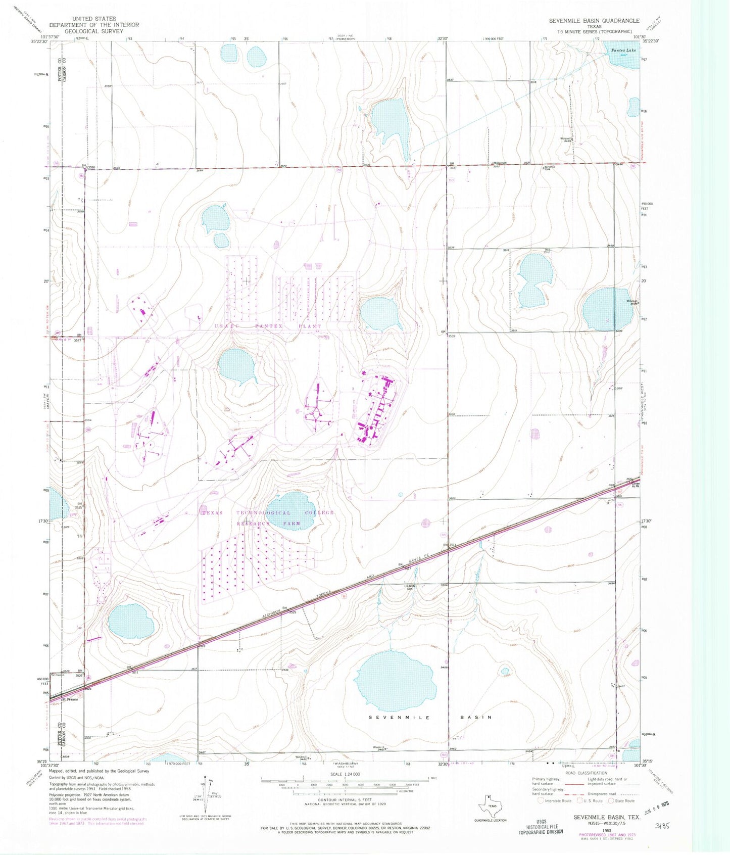 Classic USGS Sevenmile Basin Texas 7.5'x7.5' Topo Map Image