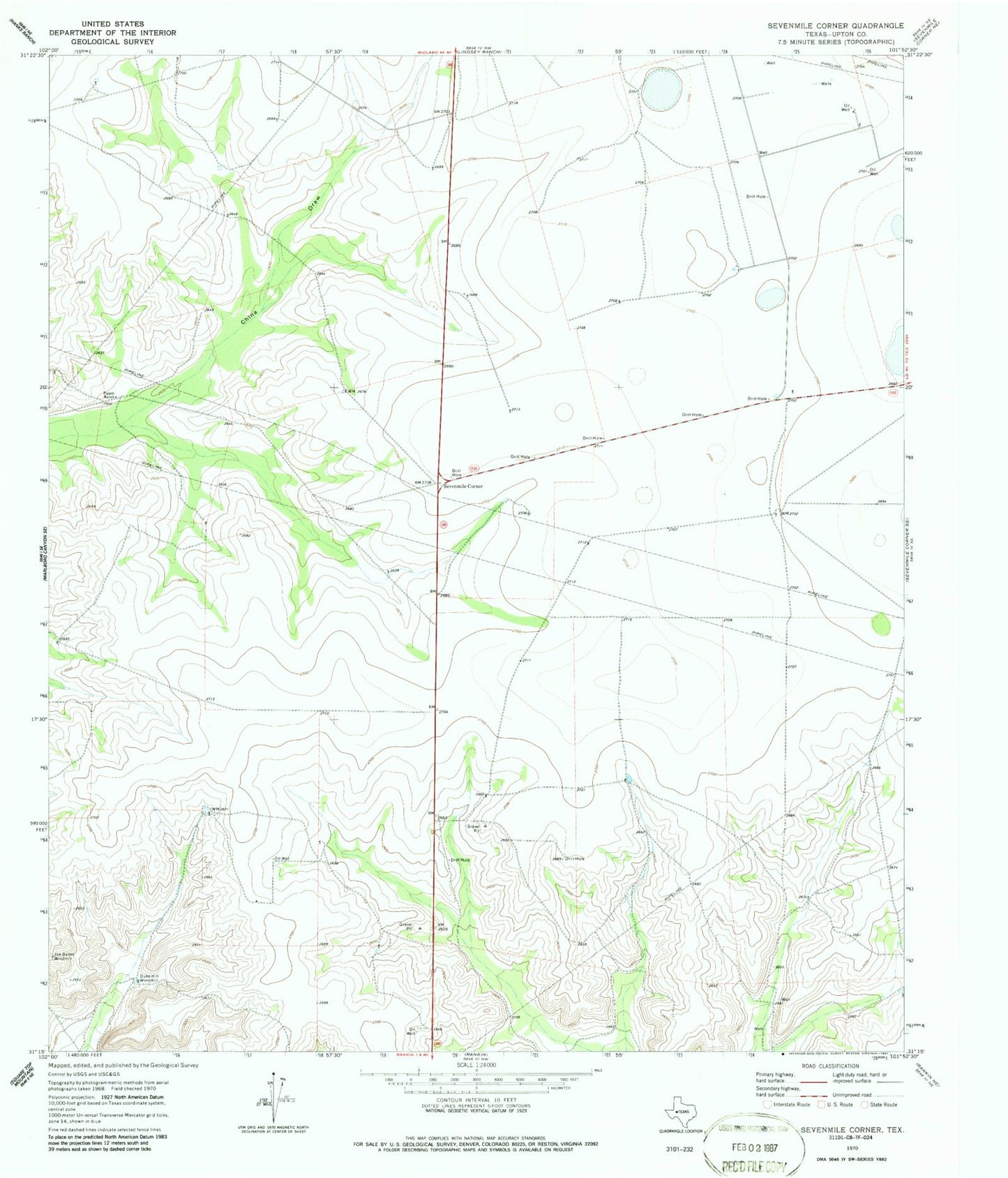 Classic USGS Sevenmile Corner Texas 7.5'x7.5' Topo Map Image