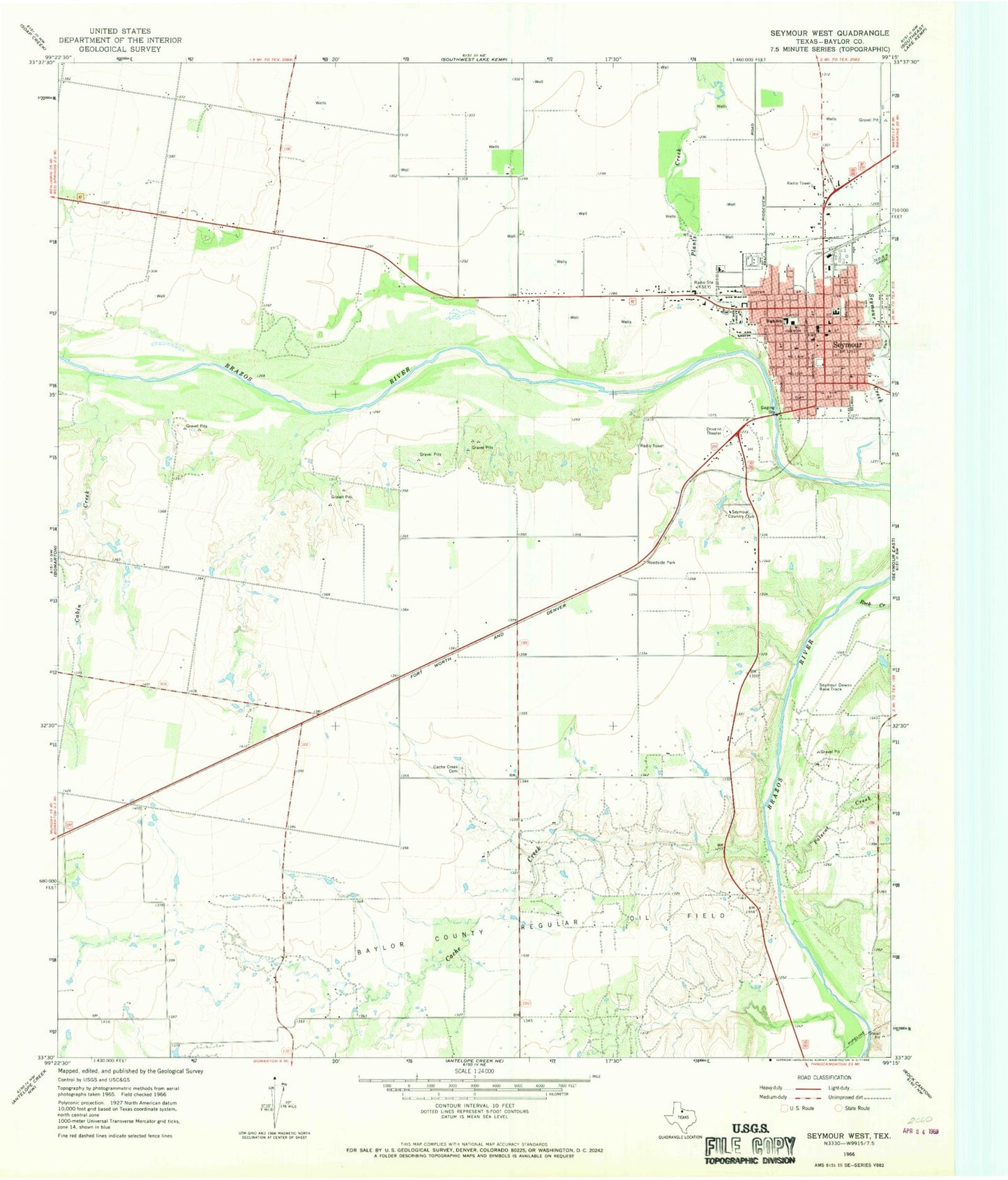 Classic USGS Seymour West Texas 7.5'x7.5' Topo Map Image