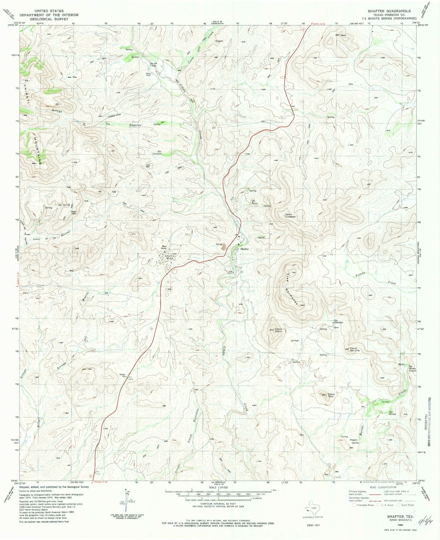 Classic USGS Shafter Texas 7.5'x7.5' Topo Map Image