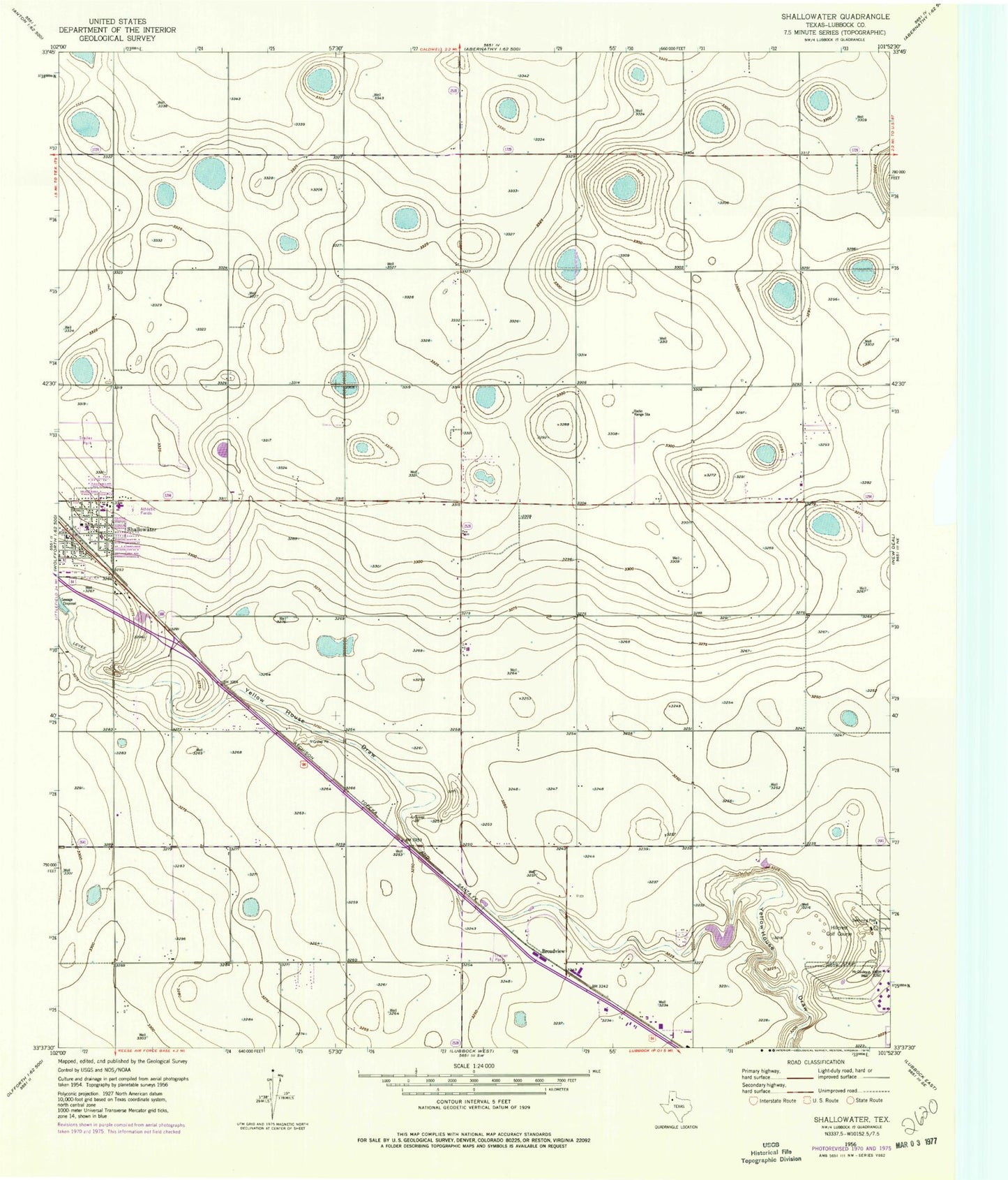 Classic USGS Shallowater Texas 7.5'x7.5' Topo Map Image