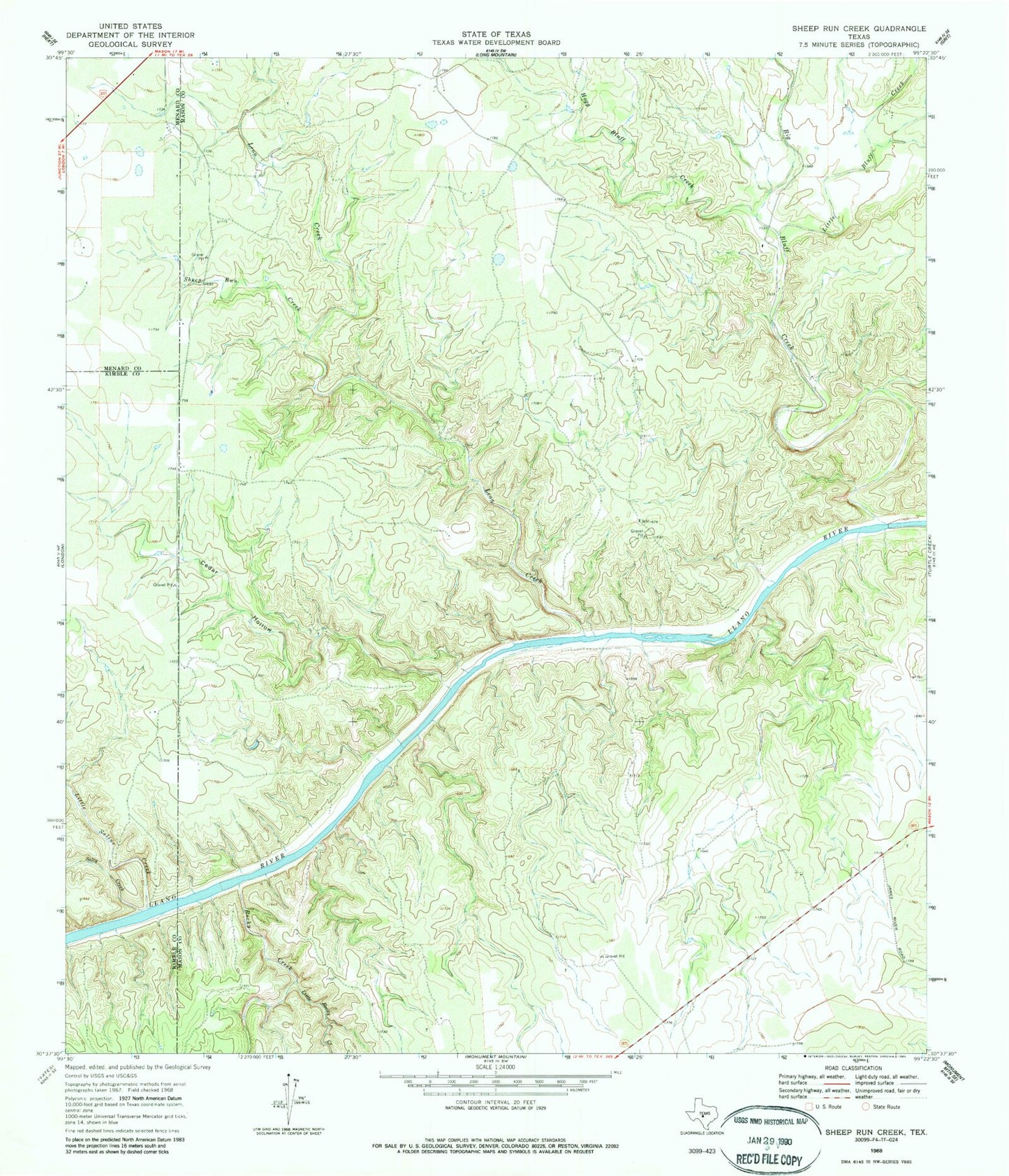 Classic USGS Sheep Run Creek Texas 7.5'x7.5' Topo Map Image