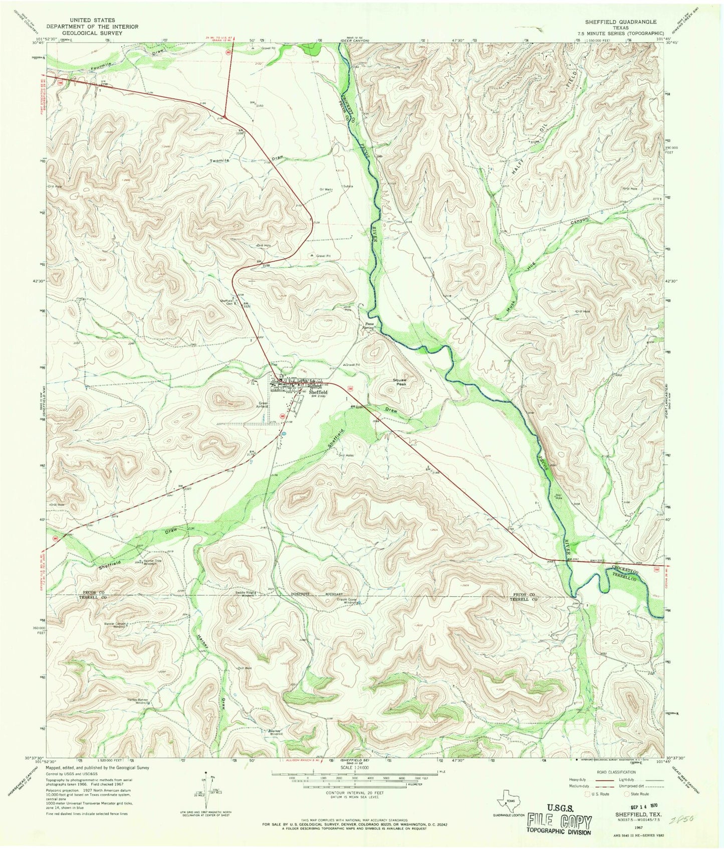 Classic USGS Sheffield Texas 7.5'x7.5' Topo Map Image