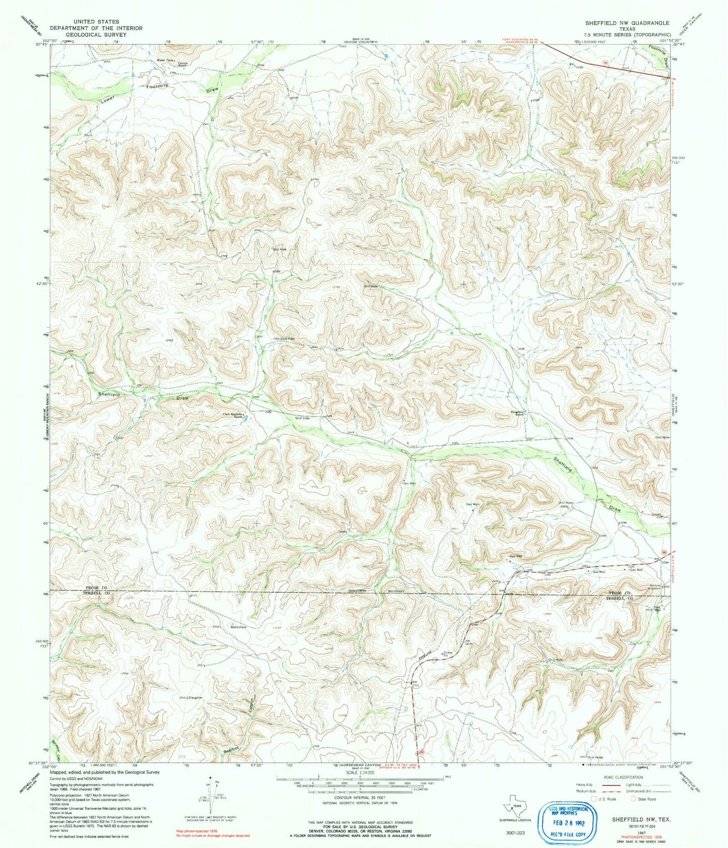 Classic USGS Sheffield NW Texas 7.5'x7.5' Topo Map Image