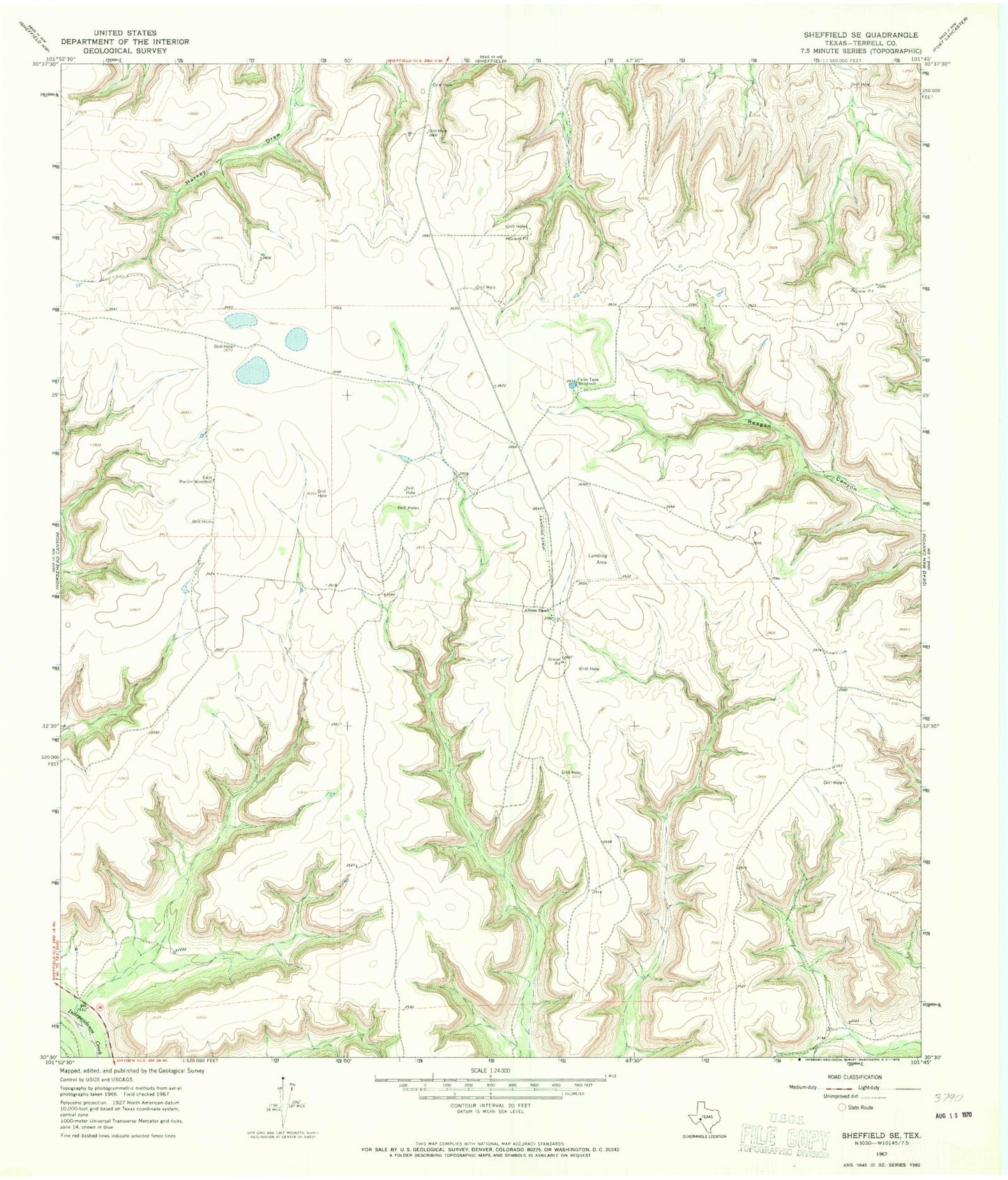 Classic USGS Sheffield SE Texas 7.5'x7.5' Topo Map Image