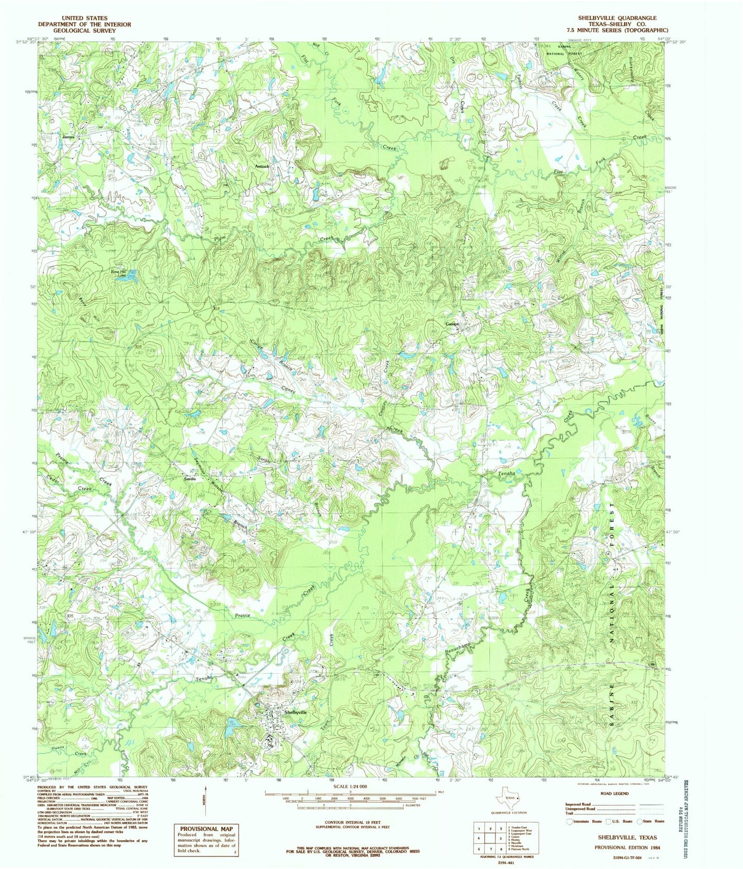 Classic USGS Shelbyville Texas 7.5'x7.5' Topo Map Image
