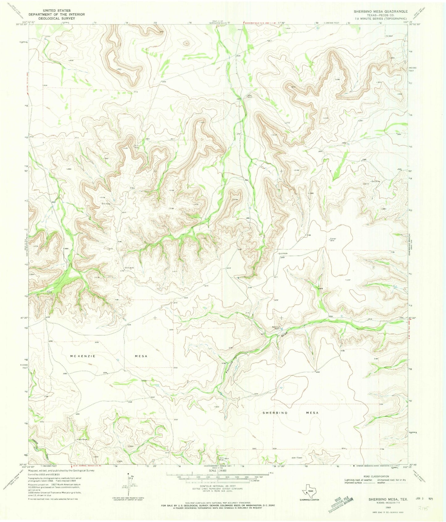 Classic USGS Sherbino Mesa Texas 7.5'x7.5' Topo Map Image
