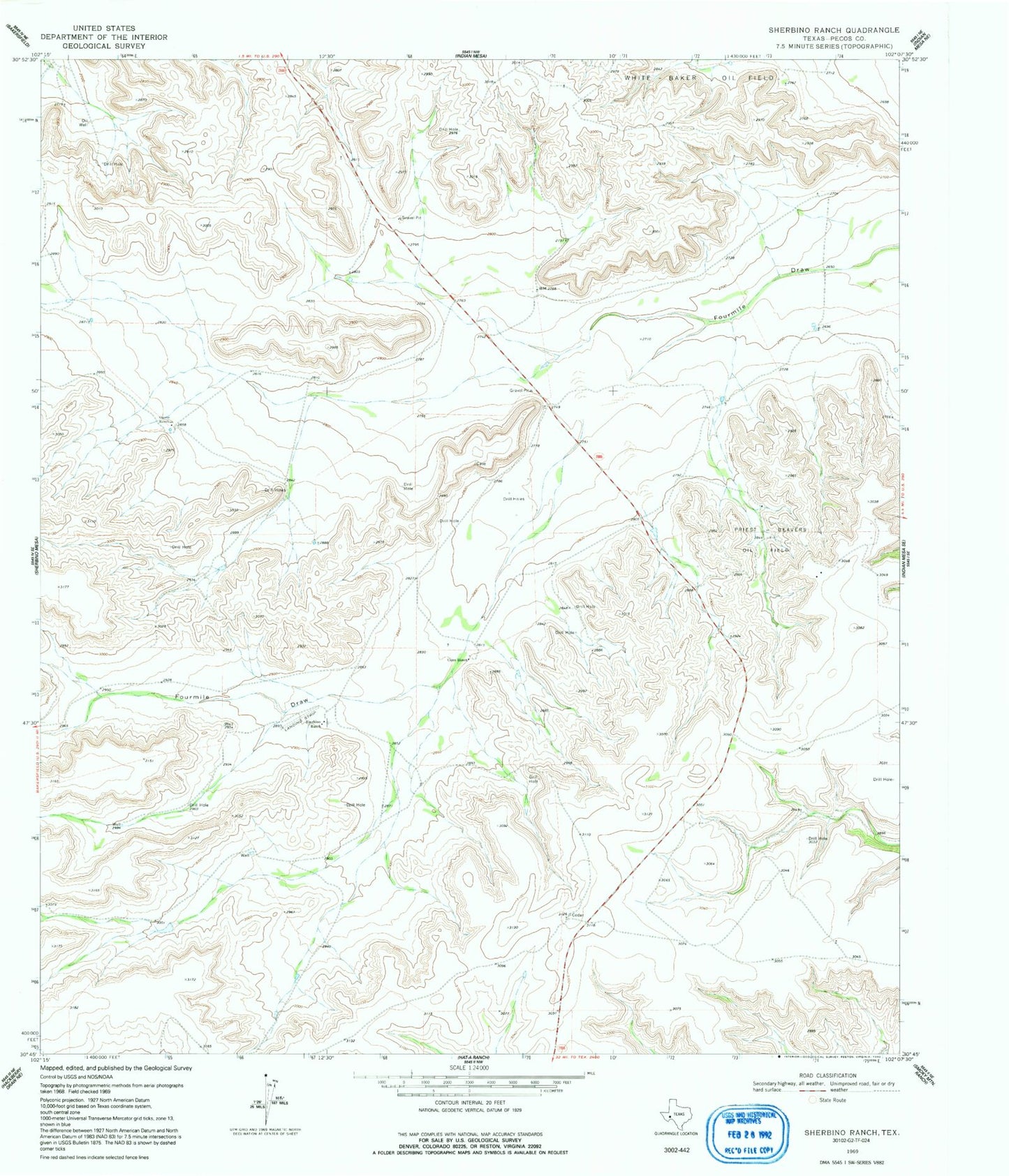 Classic USGS Sherbino Ranch Texas 7.5'x7.5' Topo Map Image