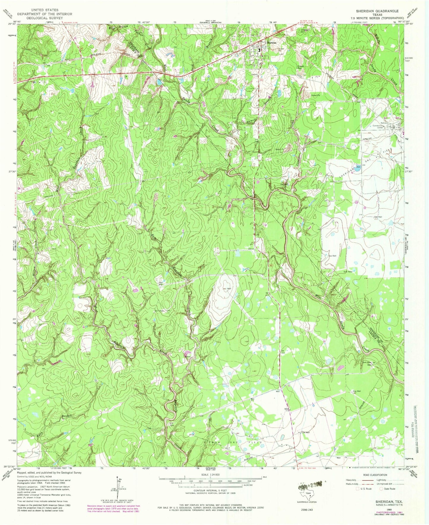 Classic USGS Sheridan Texas 7.5'x7.5' Topo Map Image