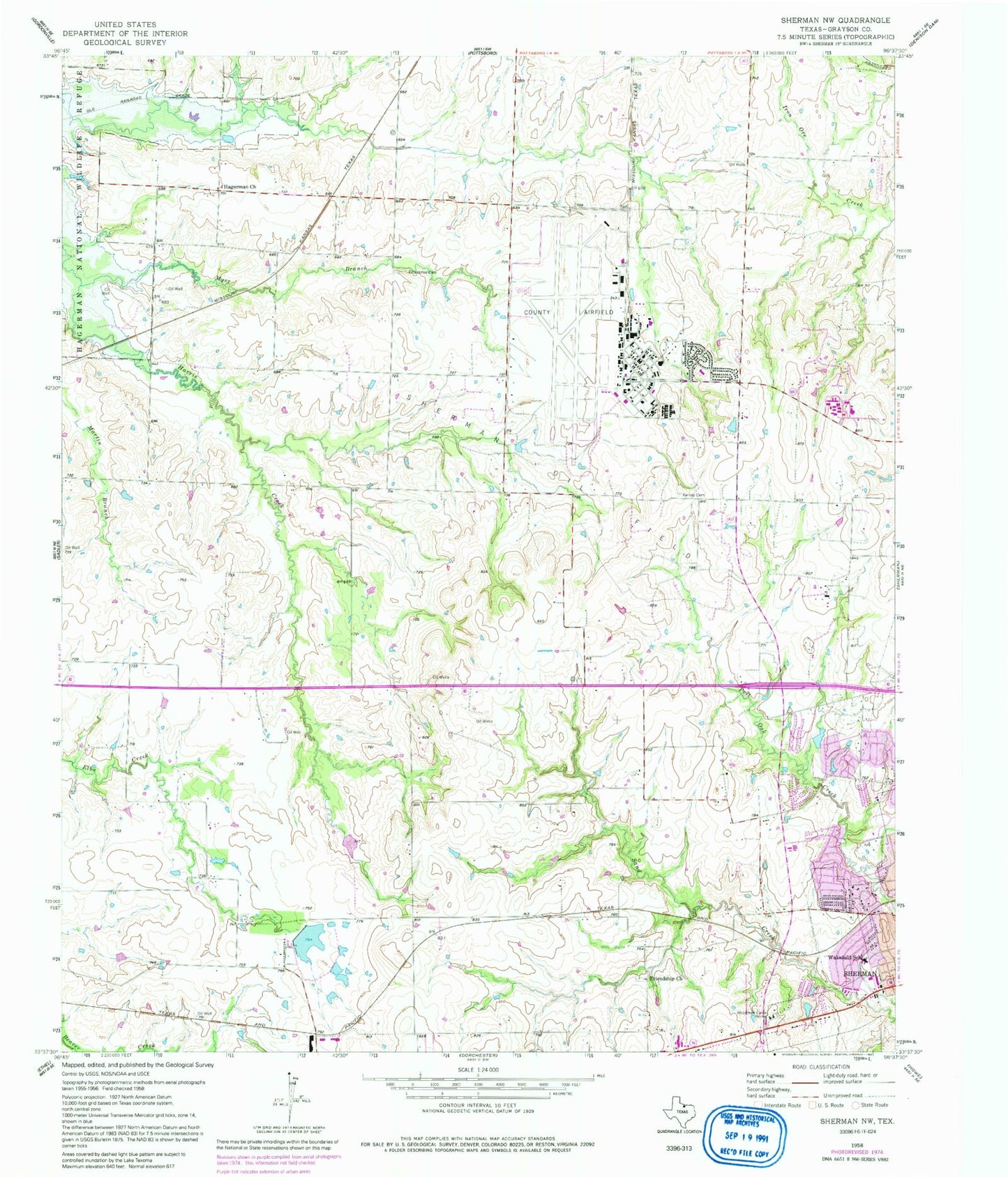 Classic USGS Sherman NW Texas 7.5'x7.5' Topo Map Image