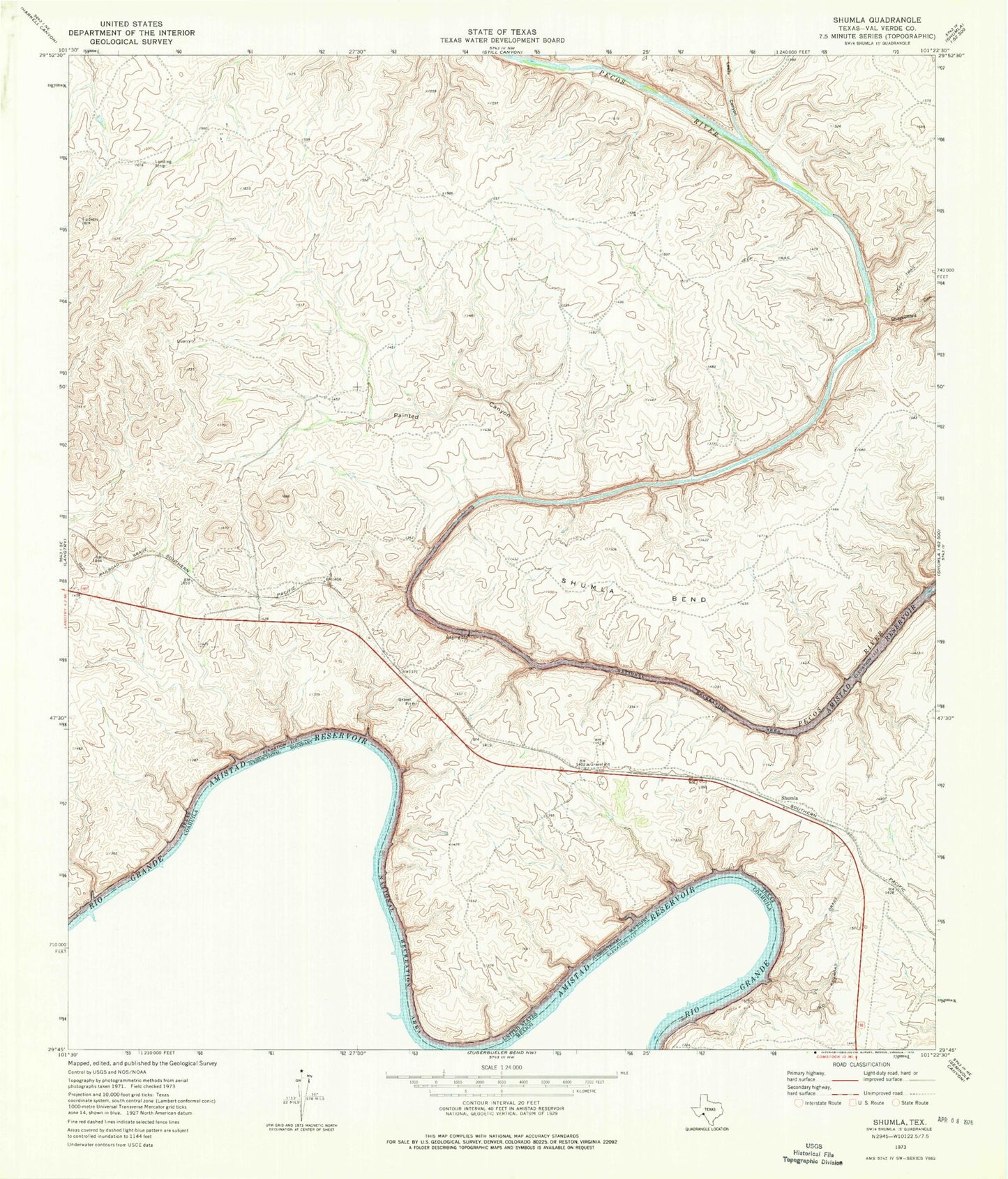 Classic USGS Shumla Texas 7.5'x7.5' Topo Map Image