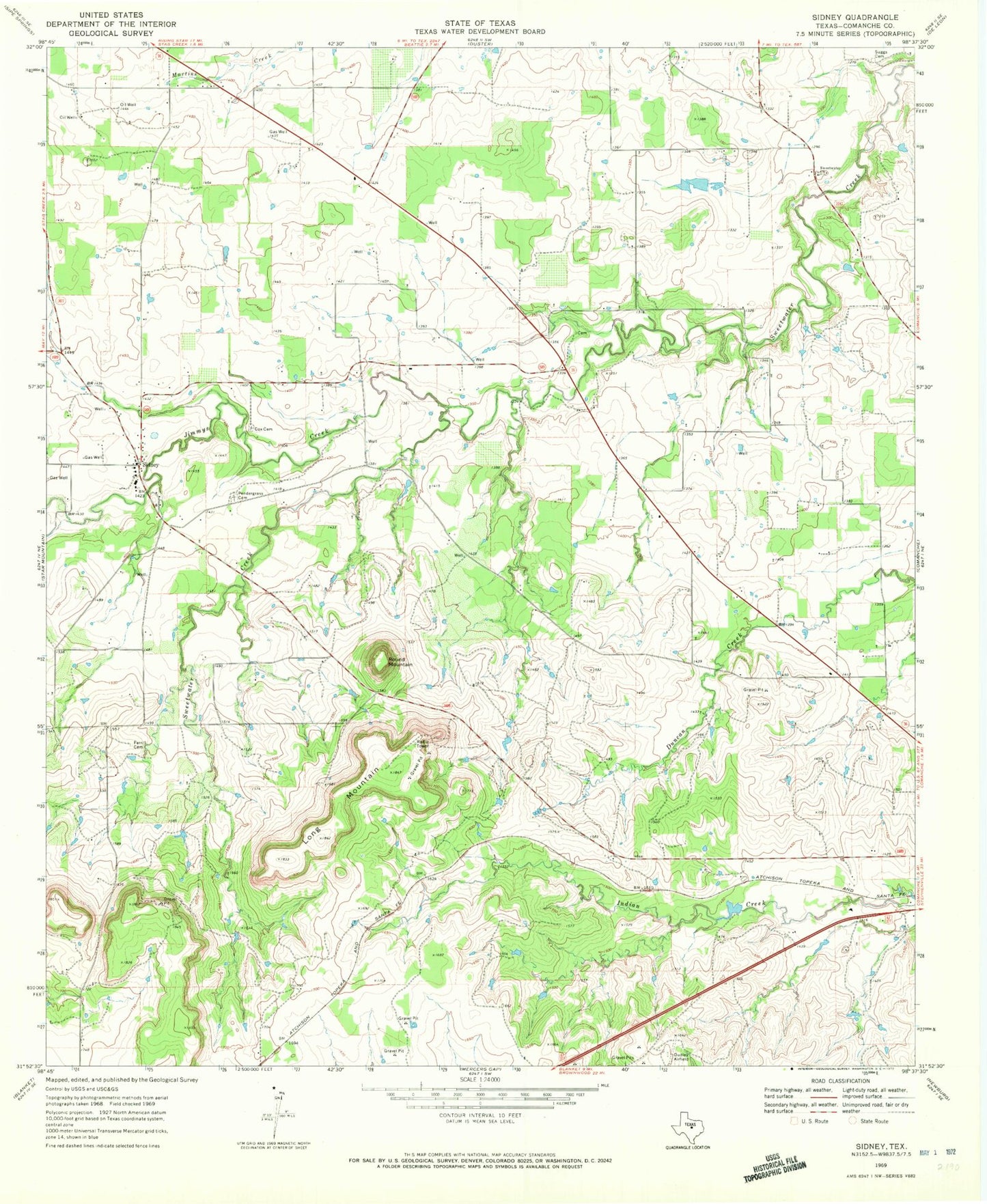 Classic USGS Sidney Texas 7.5'x7.5' Topo Map Image
