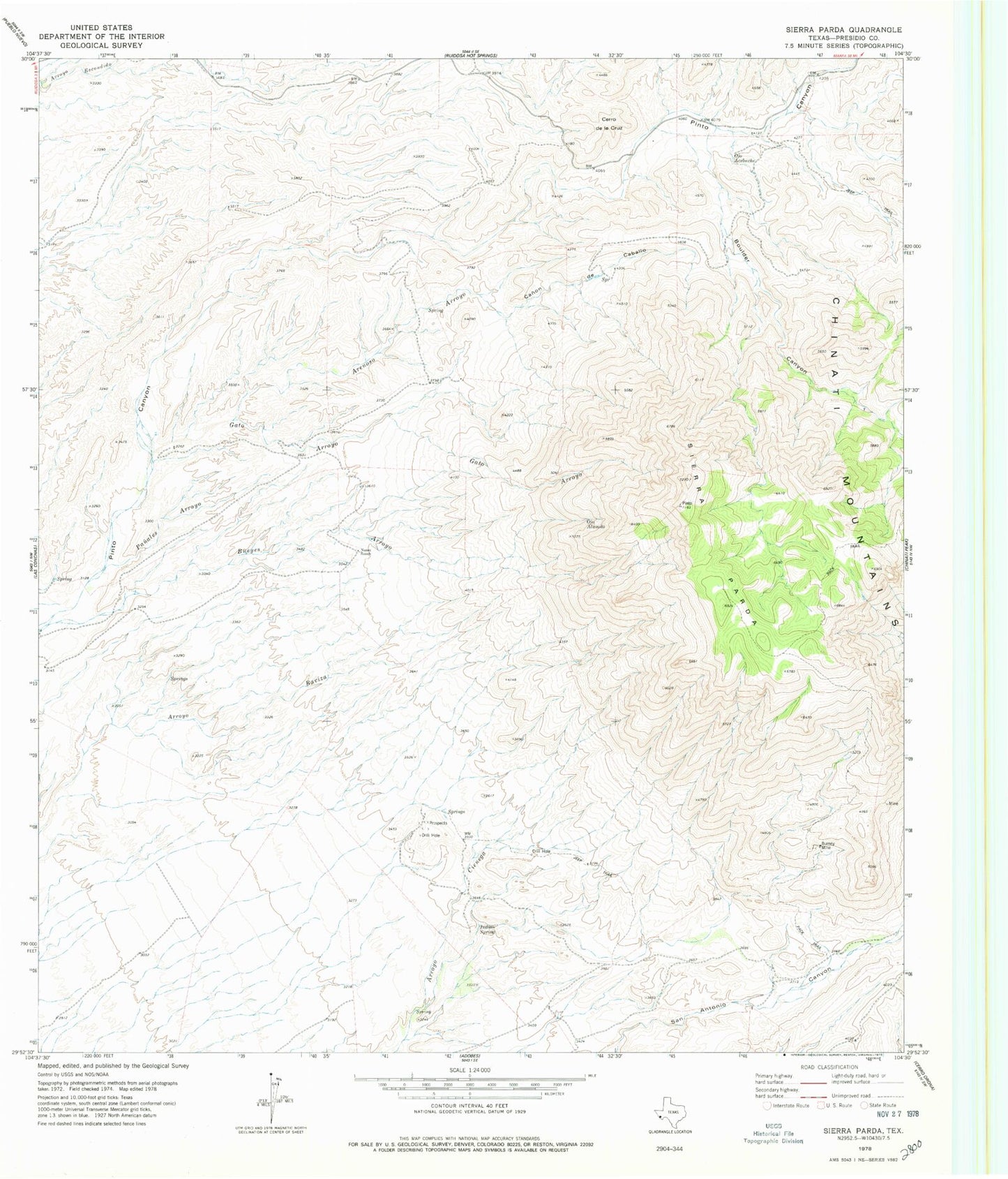 Classic USGS Sierra Parda Texas 7.5'x7.5' Topo Map Image