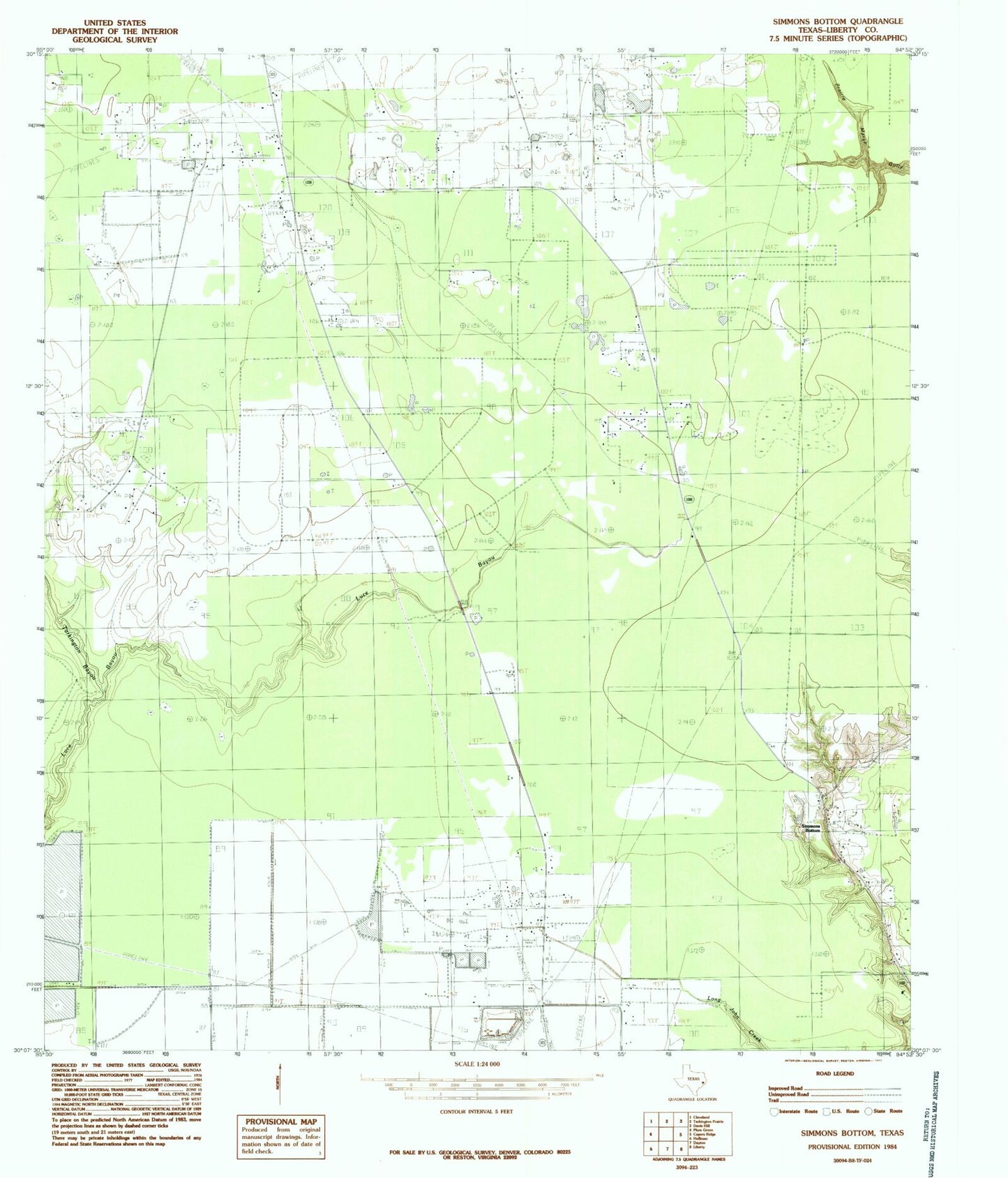 Classic USGS Simmons Bottom Texas 7.5'x7.5' Topo Map Image