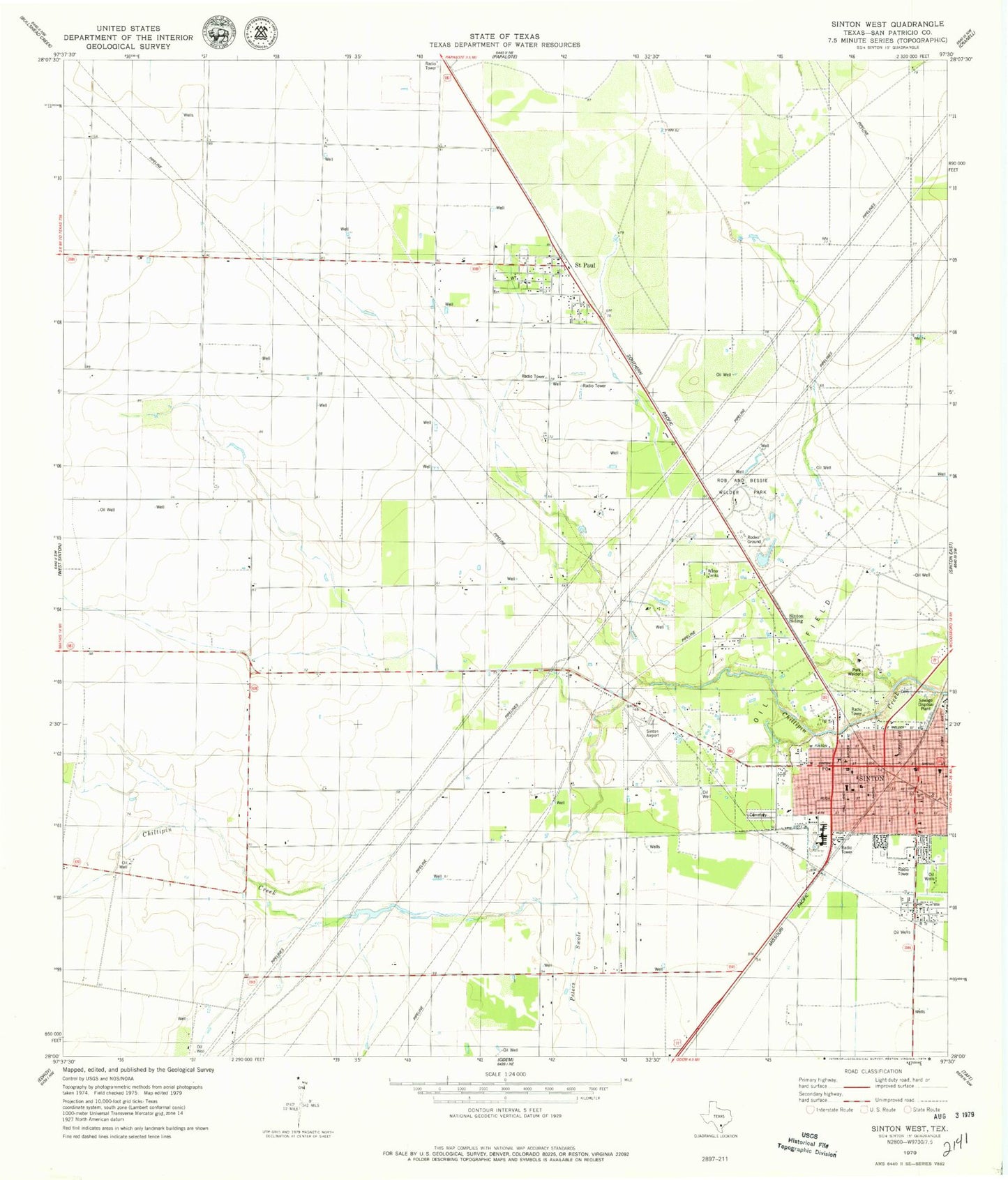 Classic USGS Sinton West Texas 7.5'x7.5' Topo Map Image