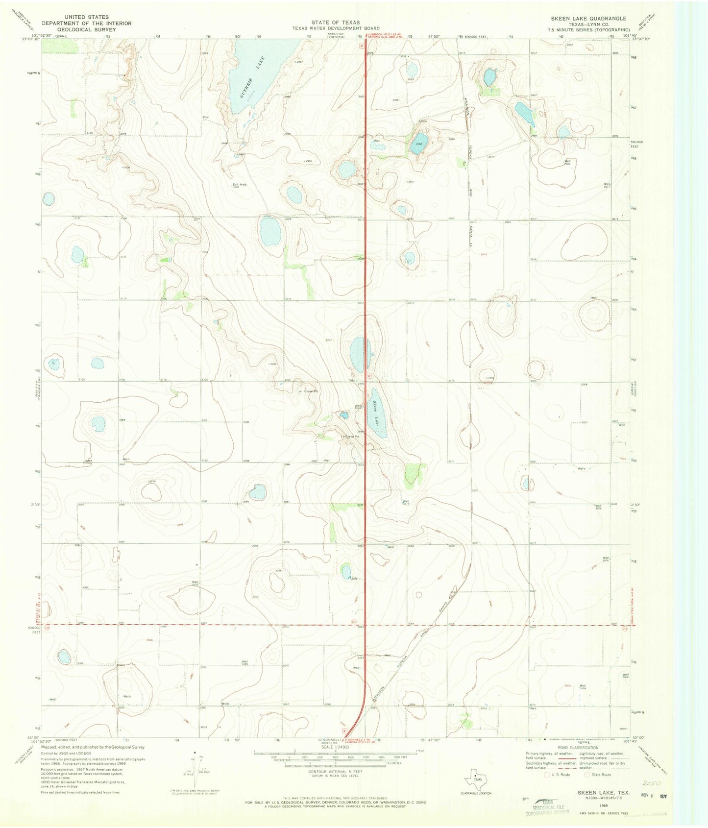 Classic USGS Skeen Lake Texas 7.5'x7.5' Topo Map Image
