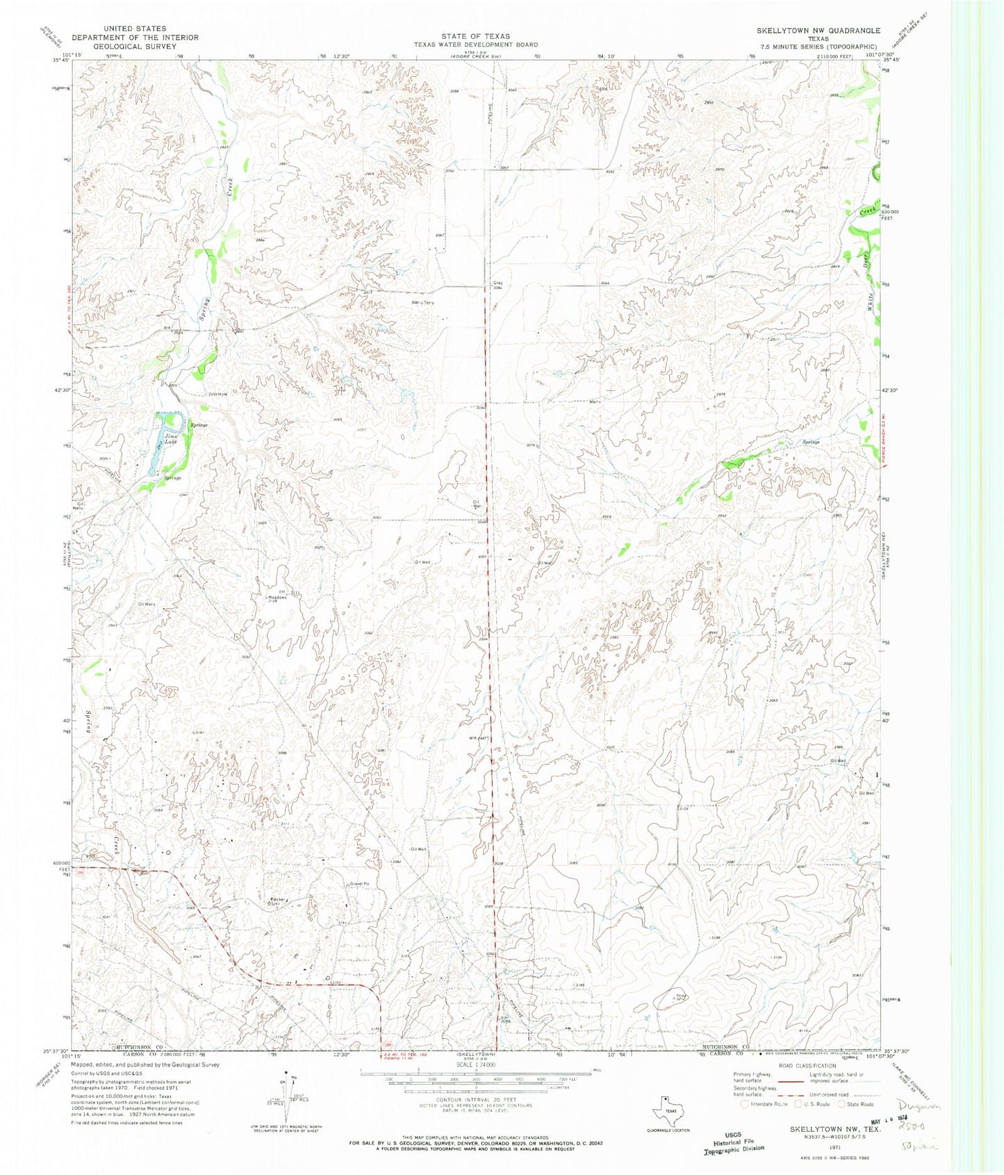 Classic USGS Skellytown NW Texas 7.5'x7.5' Topo Map Image