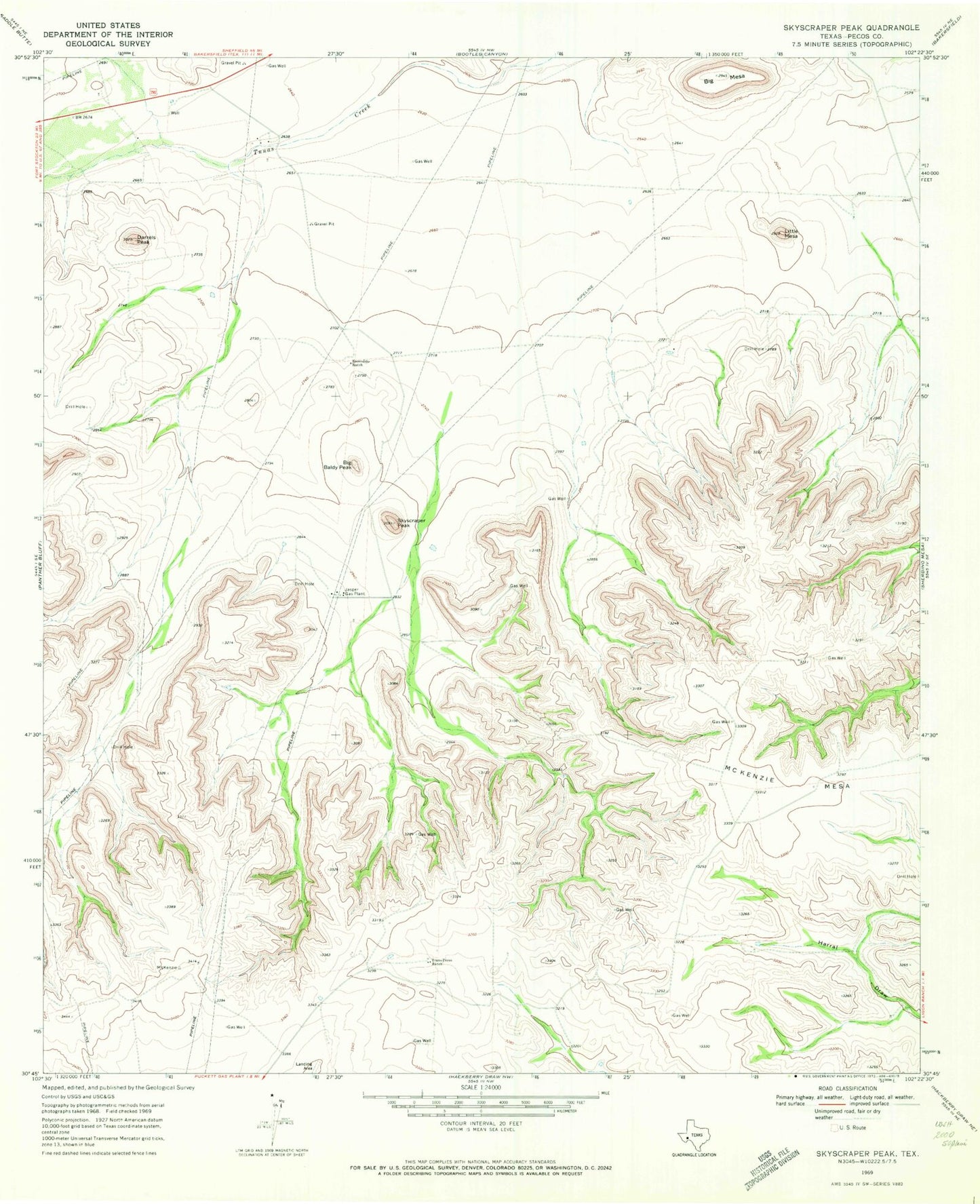 Classic USGS Skyscraper Peak Texas 7.5'x7.5' Topo Map Image