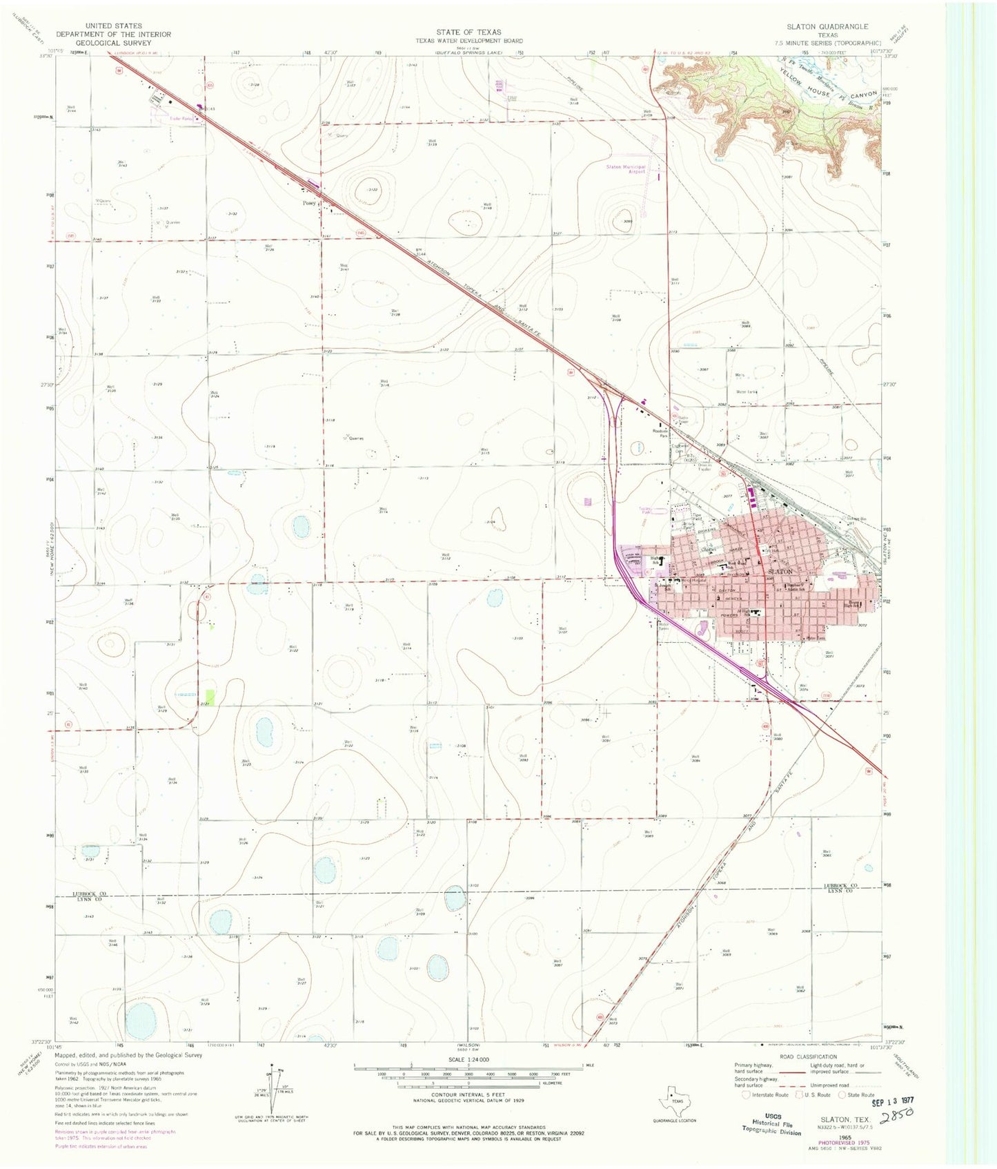 Classic USGS Slaton Texas 7.5'x7.5' Topo Map Image