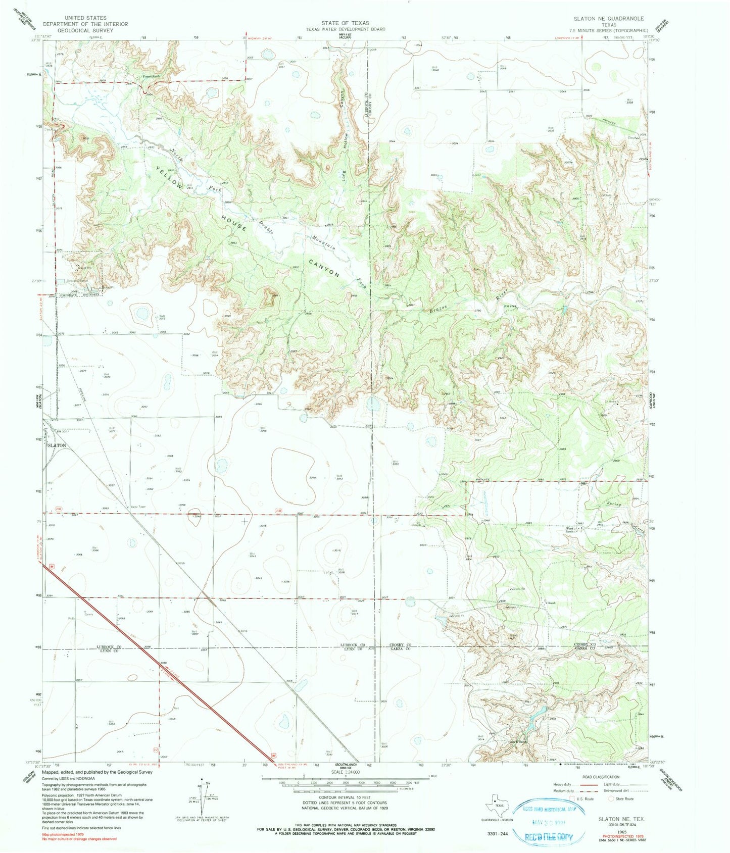 Classic USGS Slaton NE Texas 7.5'x7.5' Topo Map Image
