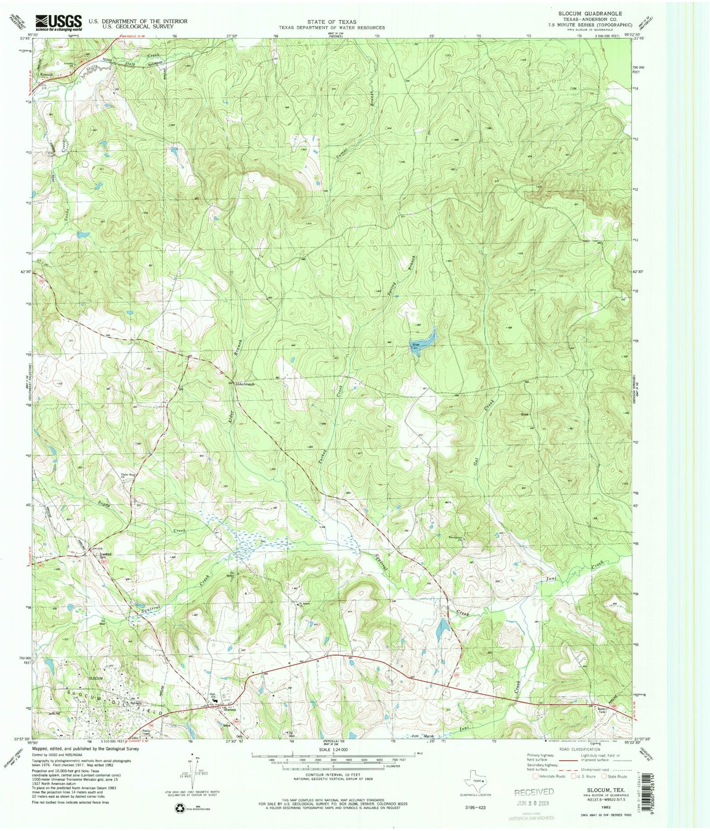 Classic USGS Slocum Texas 7.5'x7.5' Topo Map Image