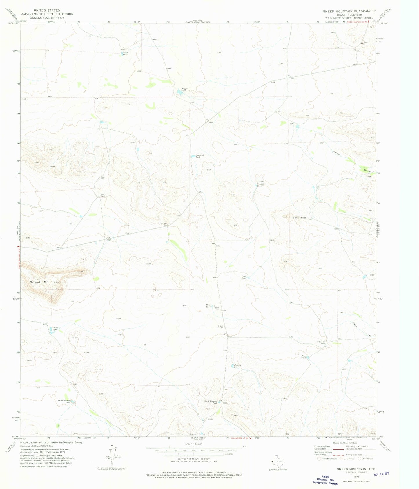Classic USGS Sneed Mountain Texas 7.5'x7.5' Topo Map Image