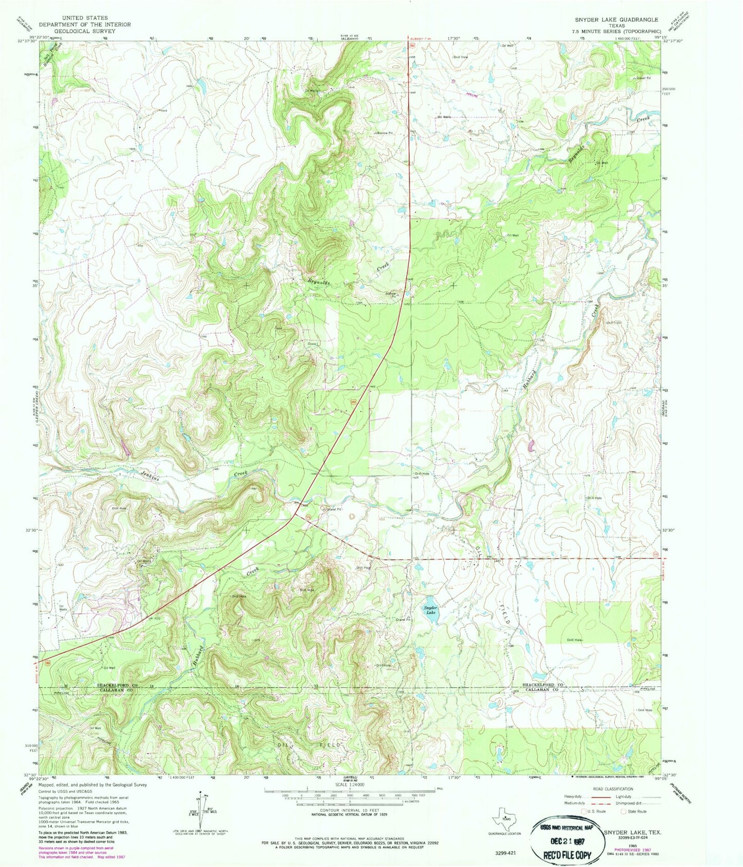 Classic USGS Snyder Lake Texas 7.5'x7.5' Topo Map Image